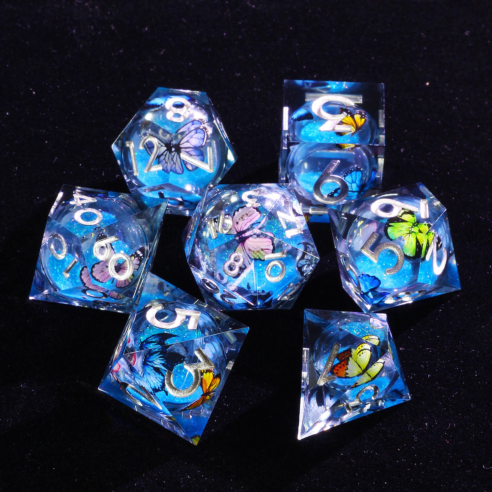 7 Polyhedral Resin Liquid Core DD Set of Dice Butterfly - Dice of Dragons