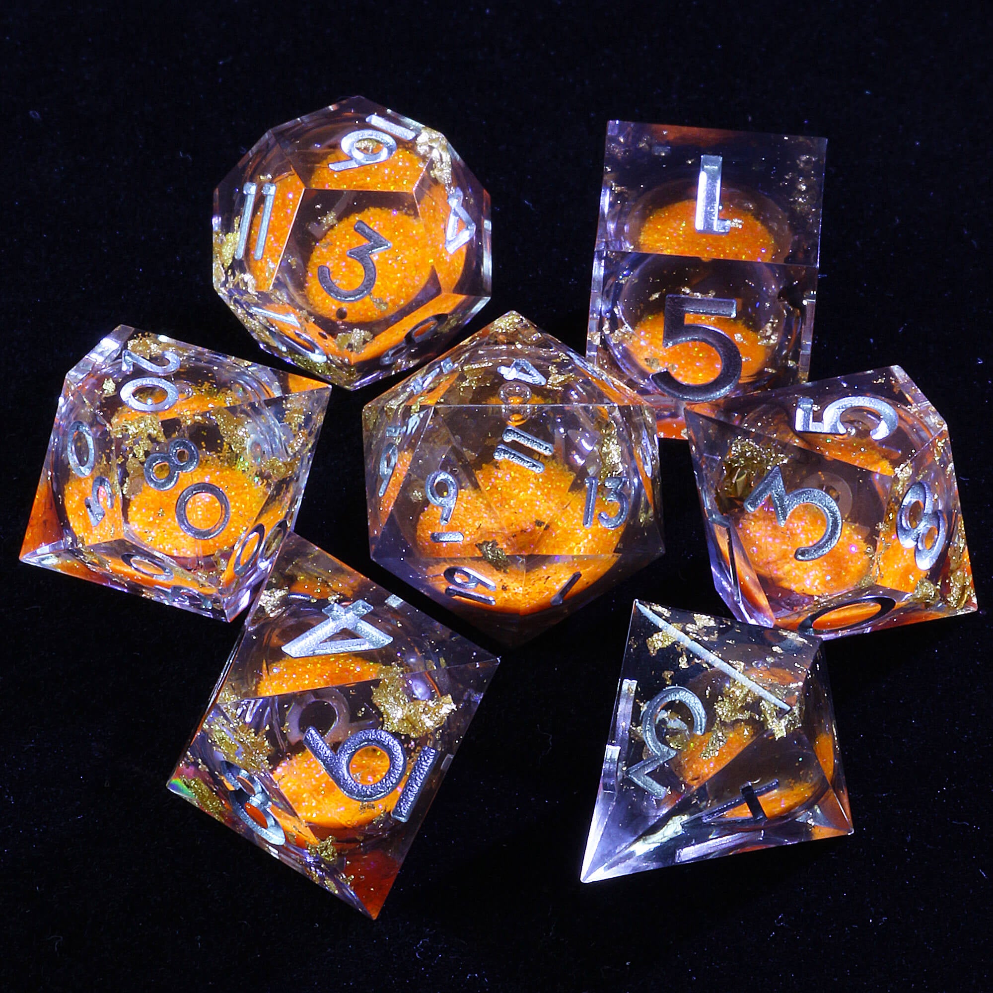 7 Polyhedral Resin Liquid Core Dice Set DD Gold Paper Orange - Dice of Dragons