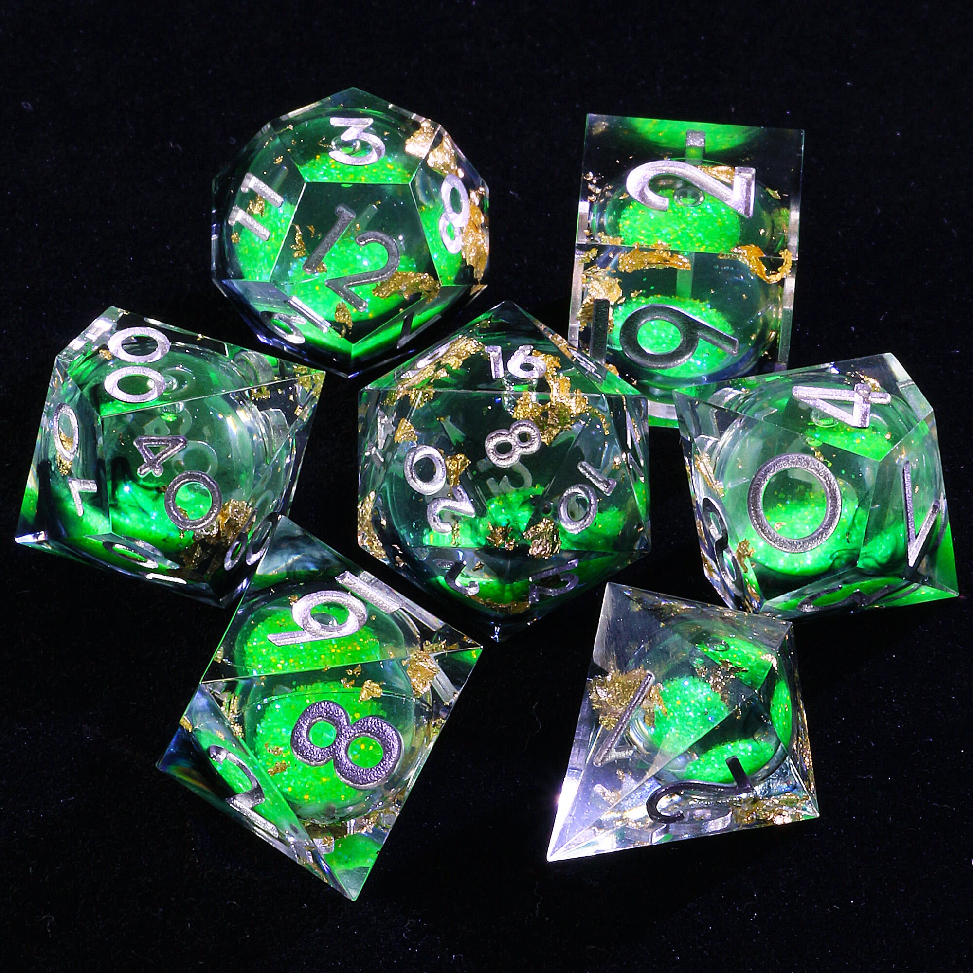 7 Polyhedral Resin Liquid Core Dice Set DnD Green - Dice of Dragons