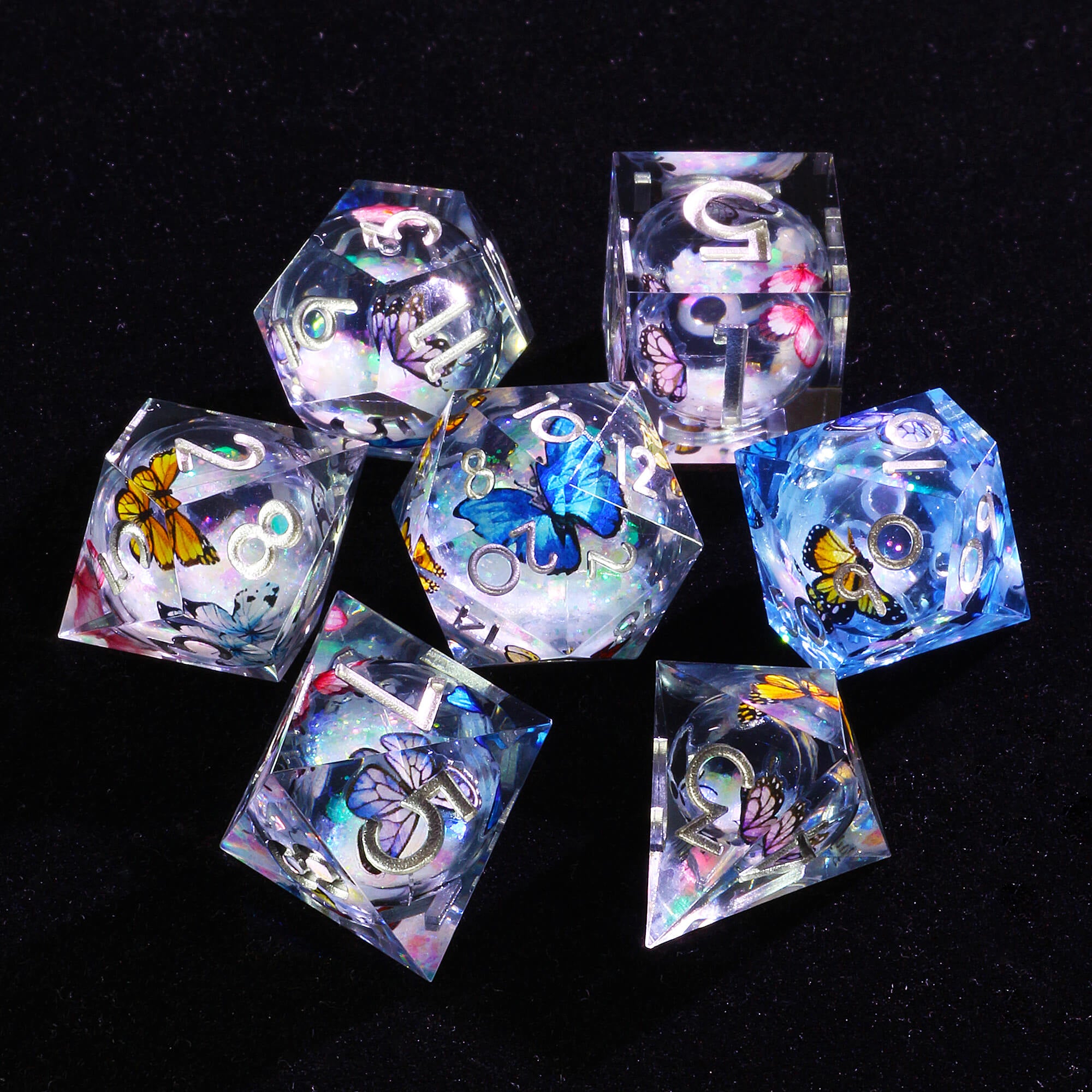 7 Polyhedral Resin Liquid Core Die Dice Set DnD Butterfly - Dice of Dragons