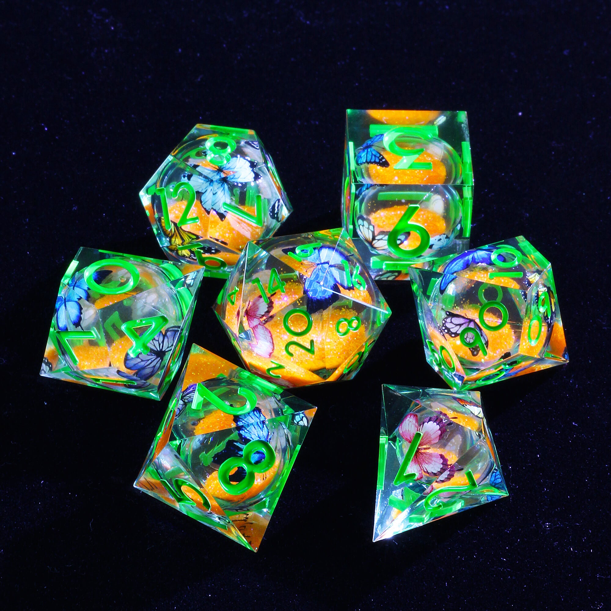 7 Polyhedral Resin Liquid Core DnD Set of Dice Butterfly - Dice of Dragons