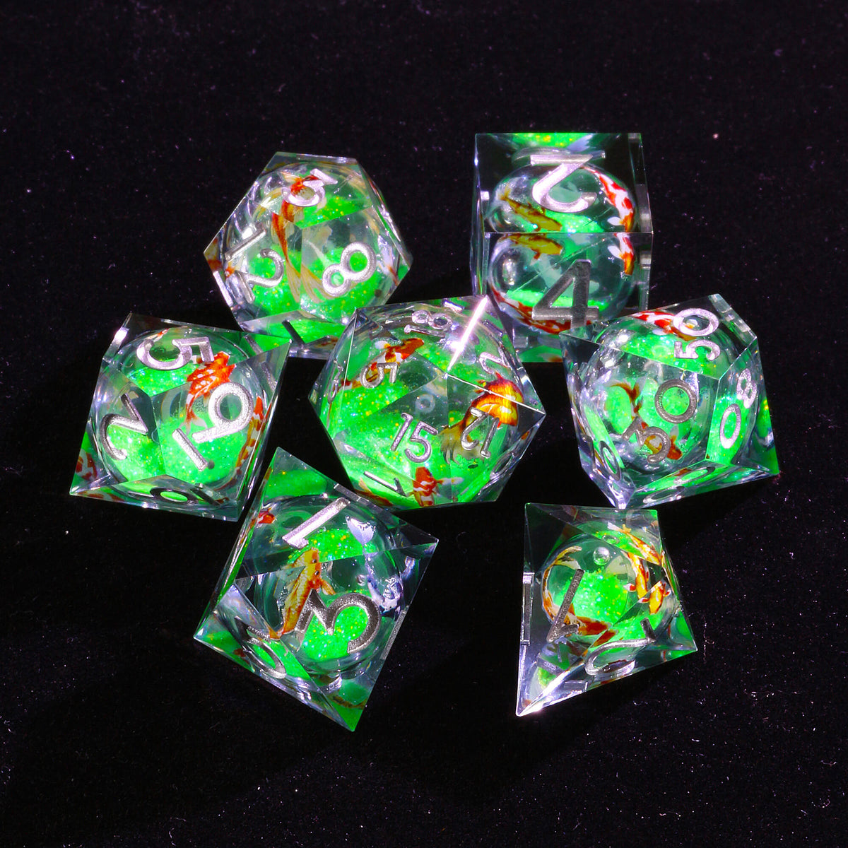 7 Polyhedral Resin Liquid Core Set of Dice DD Fish | RPG Dice