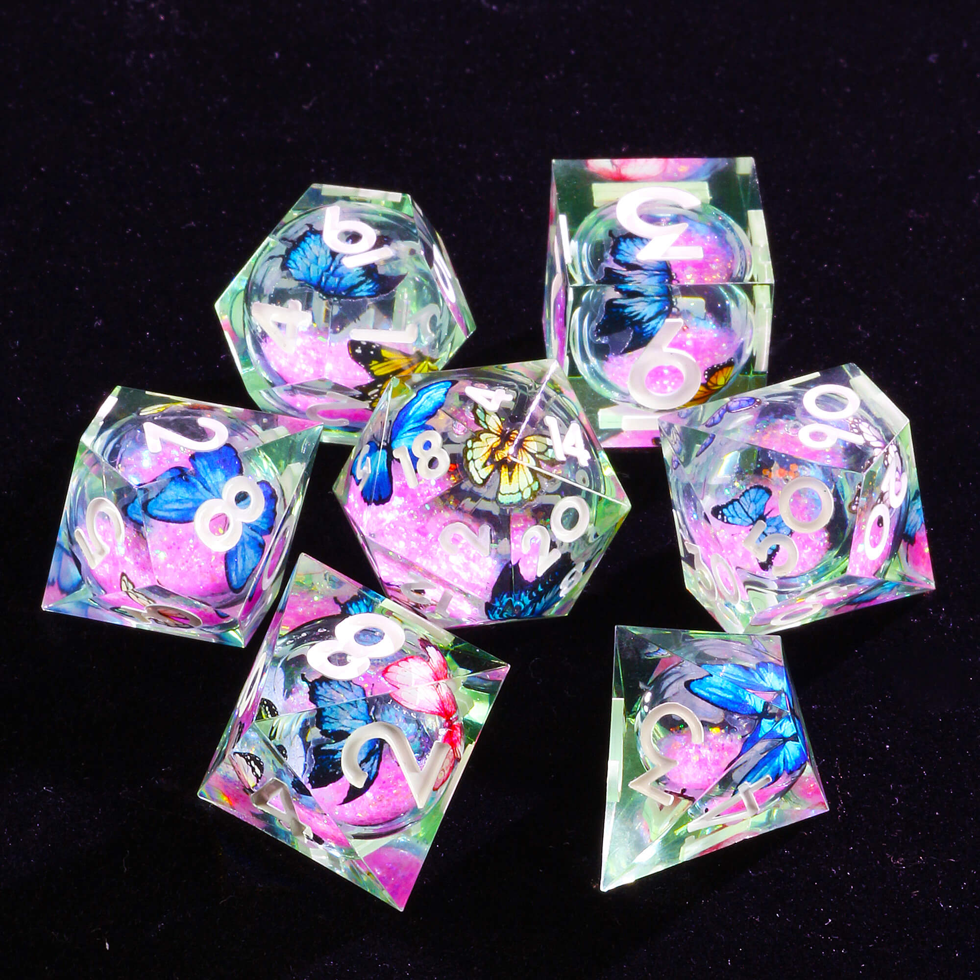 7 Polyhedral Resin Liquid Core Set of Dice D&D Butterfly - Dice of Dragons