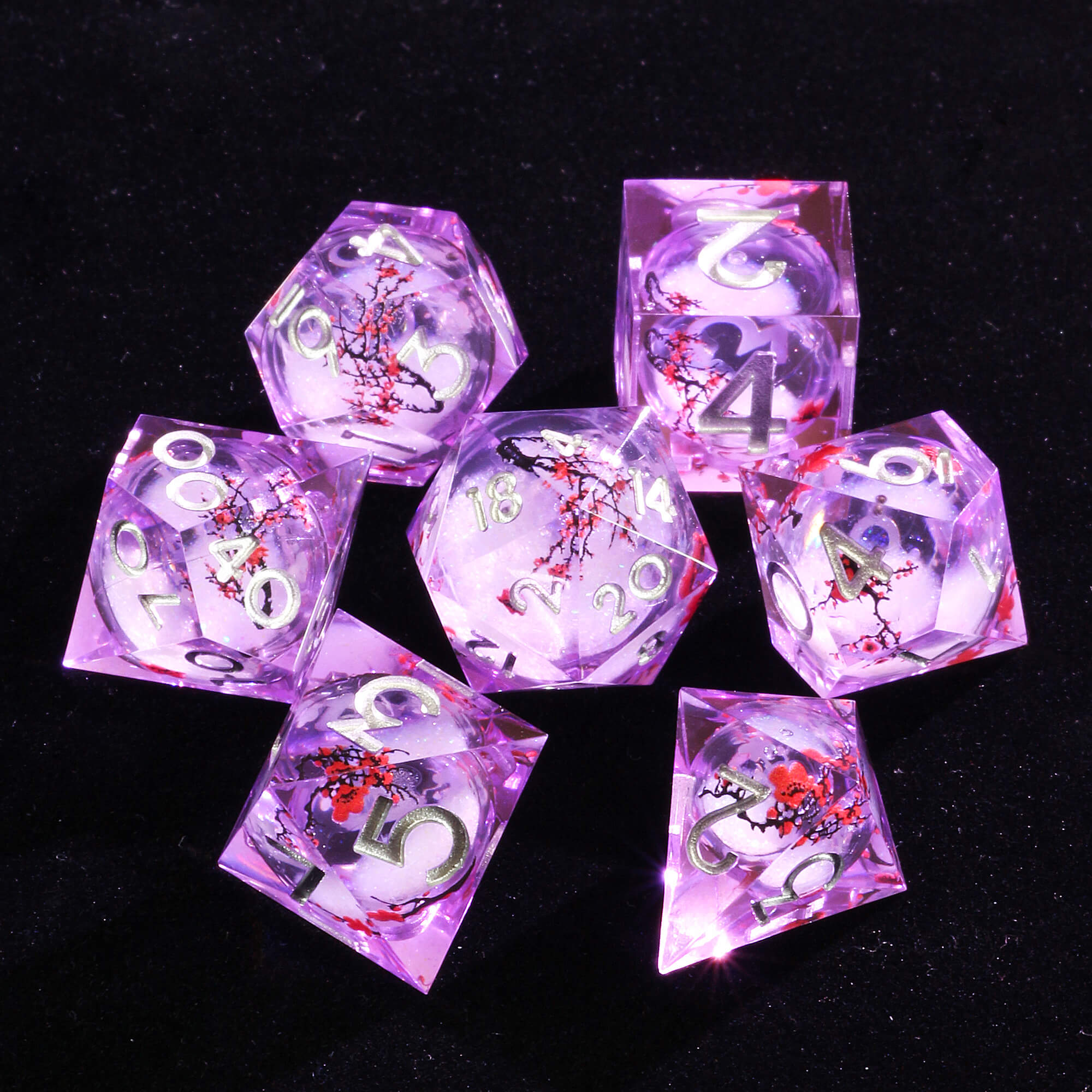 7 Polyhedral Resin Liquid Core Set of Dice DnD Plum Blossom - Dice of Dragons