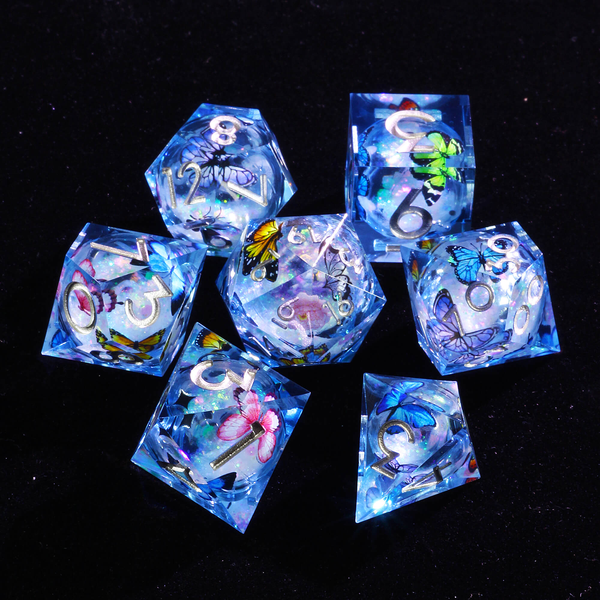 7 Polyhedral Resin Liquid Core Set of DnD Dice Butterfly - Dice of Dragons