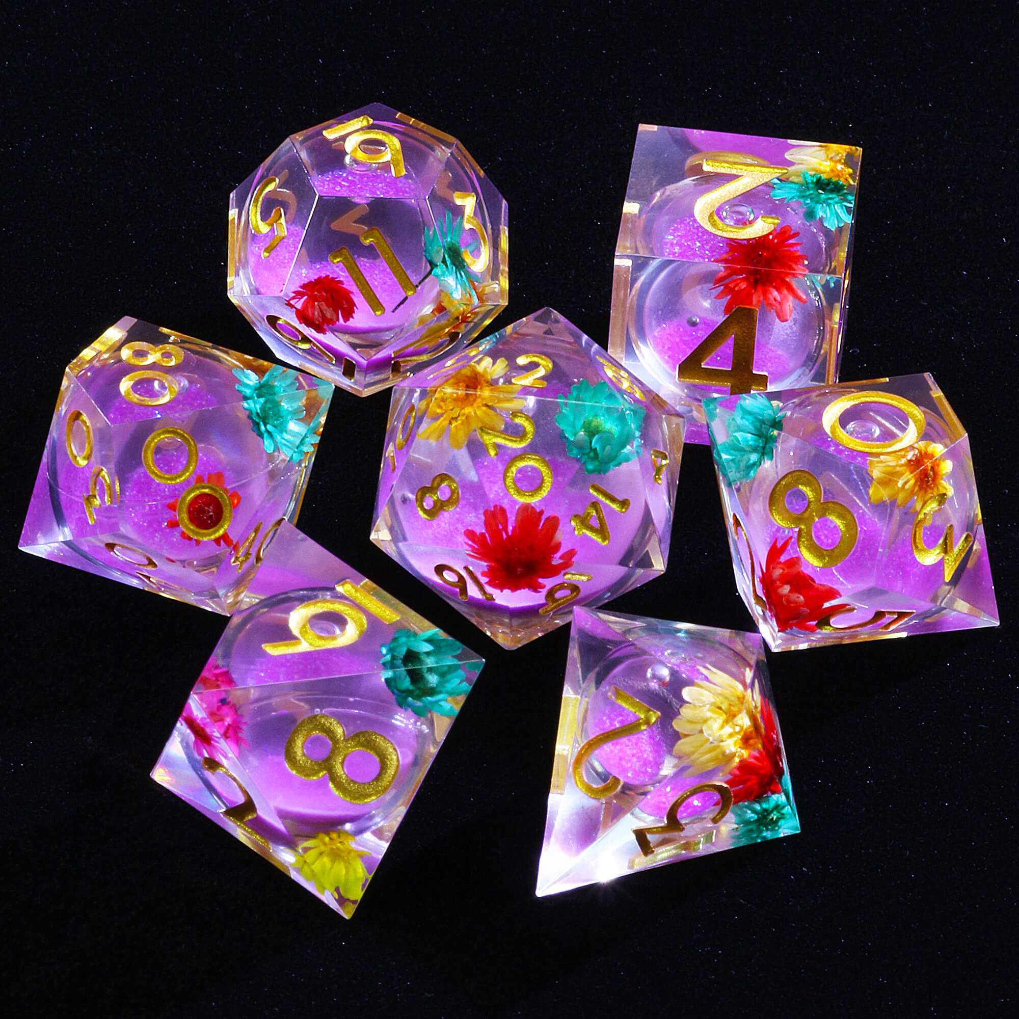 7 Polyhedral Resin Purple Liquid Core Set of Dice D and D Purple - Dice of Dragons