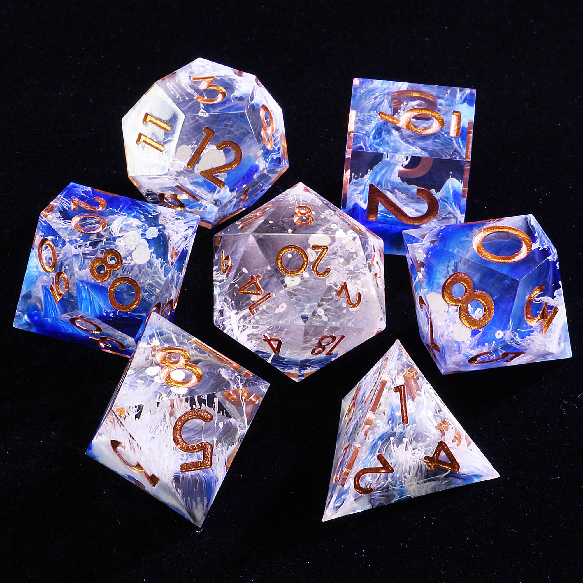 7 Polyhedral Resin Set of Dice DnD Wave Blue - Dice of Dragons