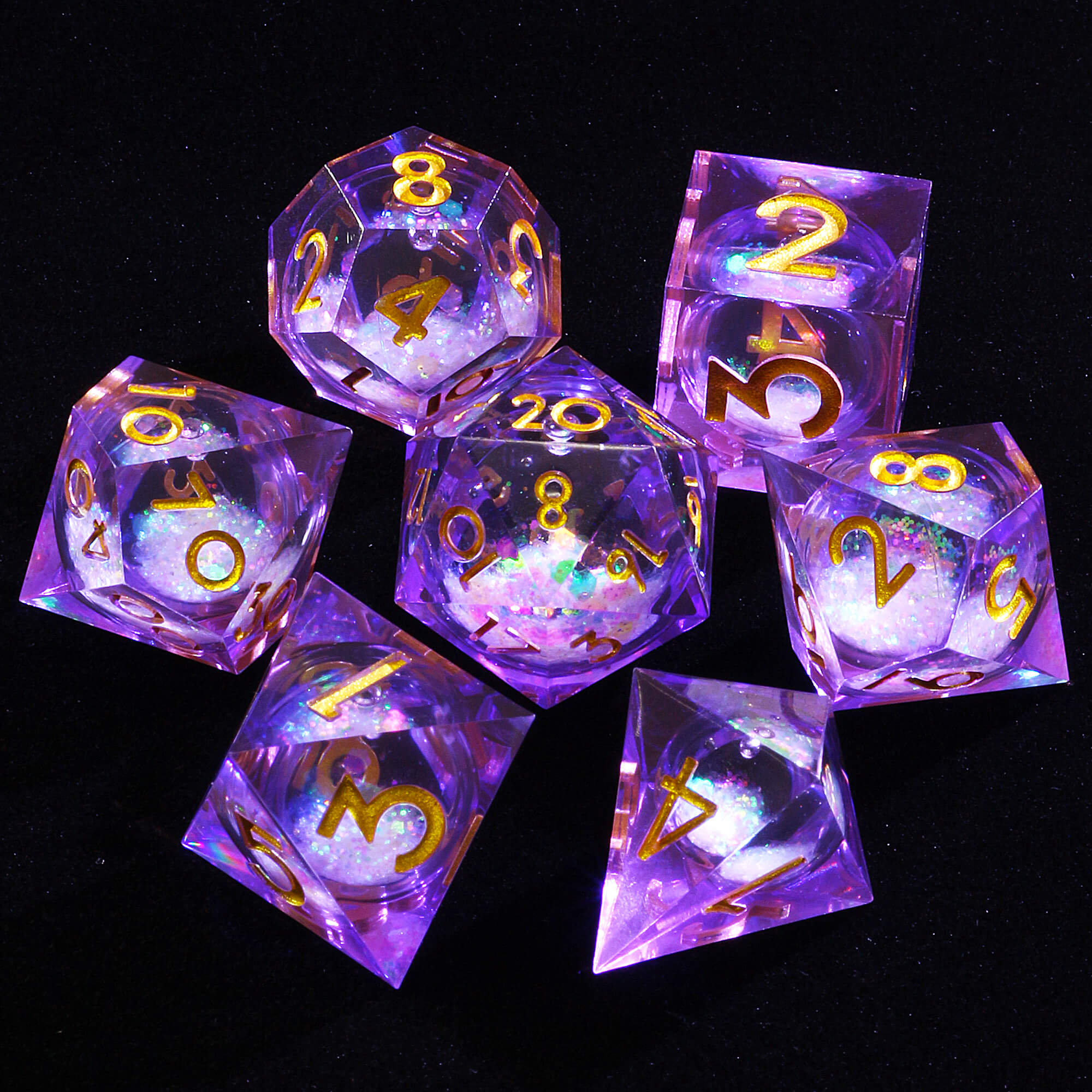 7 Polyhedral Resin White Liquid Core Set Dice D and D Purple - Dice of Dragons