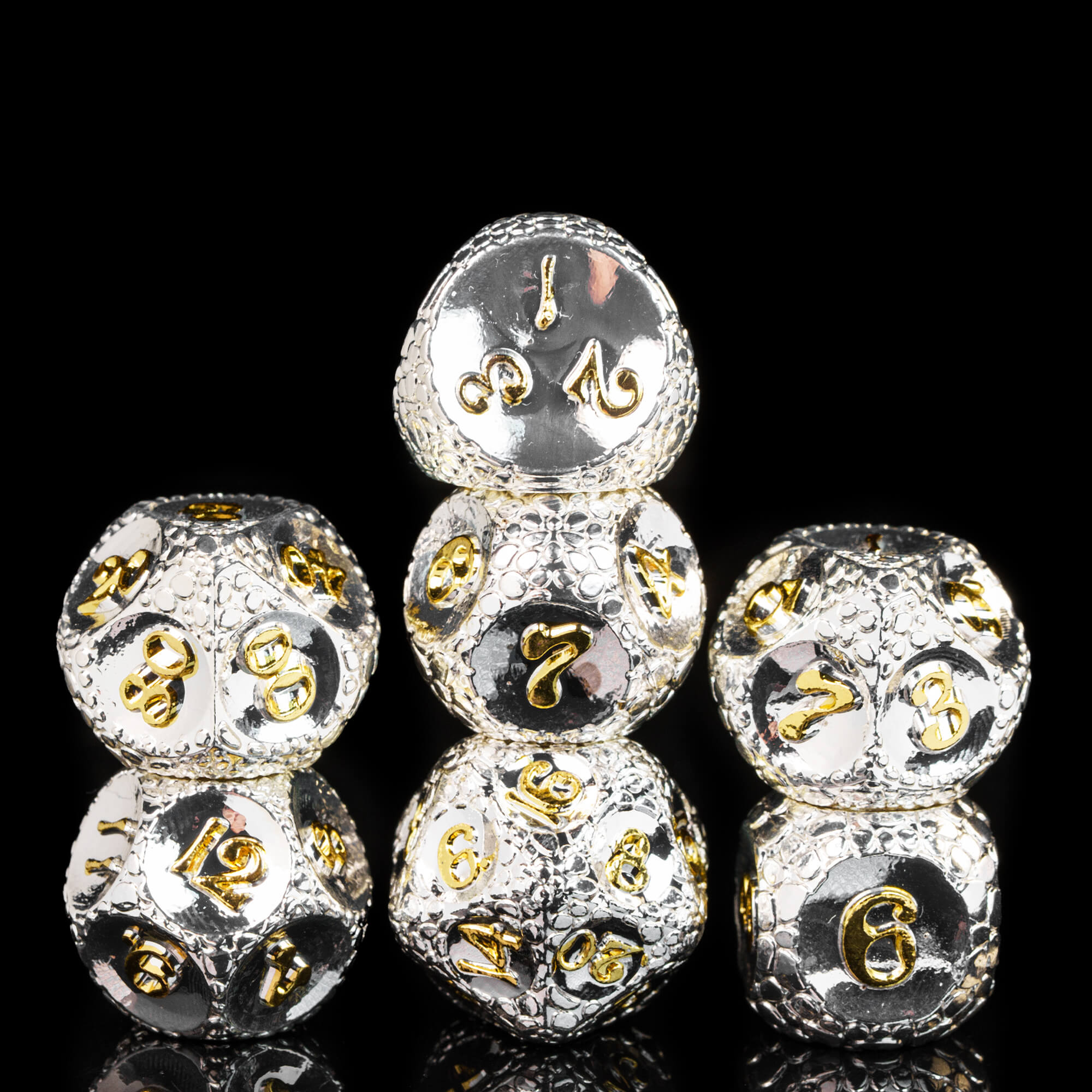 7 Polyhedral Stone Metal Dice Set DD Silver Gold - Dice of Dragons