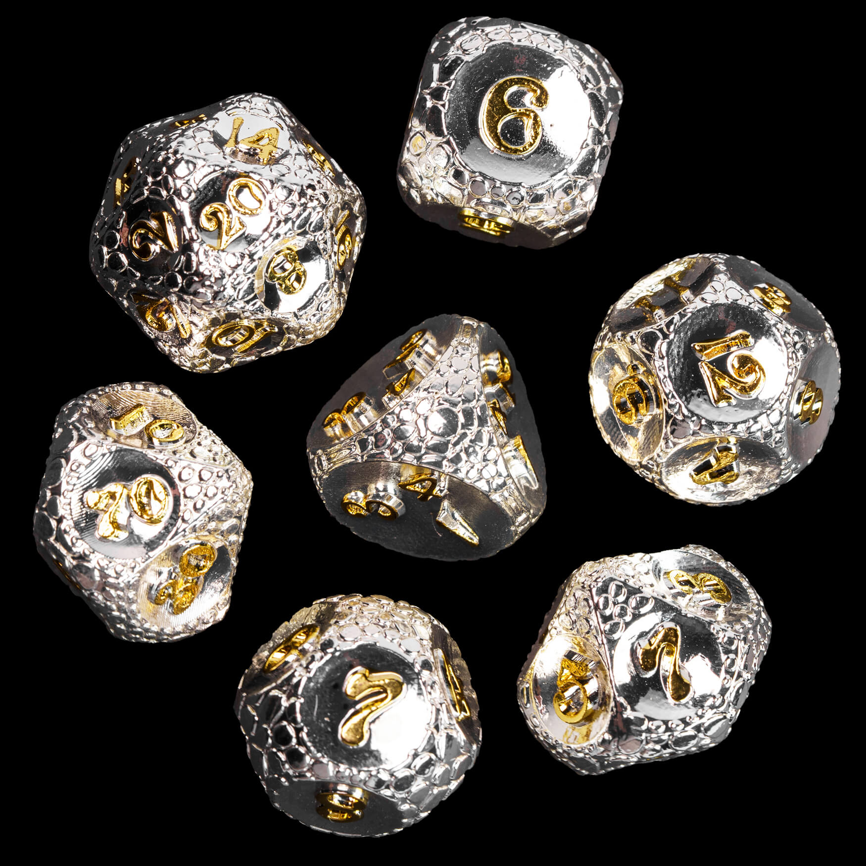 7 Polyhedral Stone Metal Dice Set DD Silver Gold - Dice of Dragons