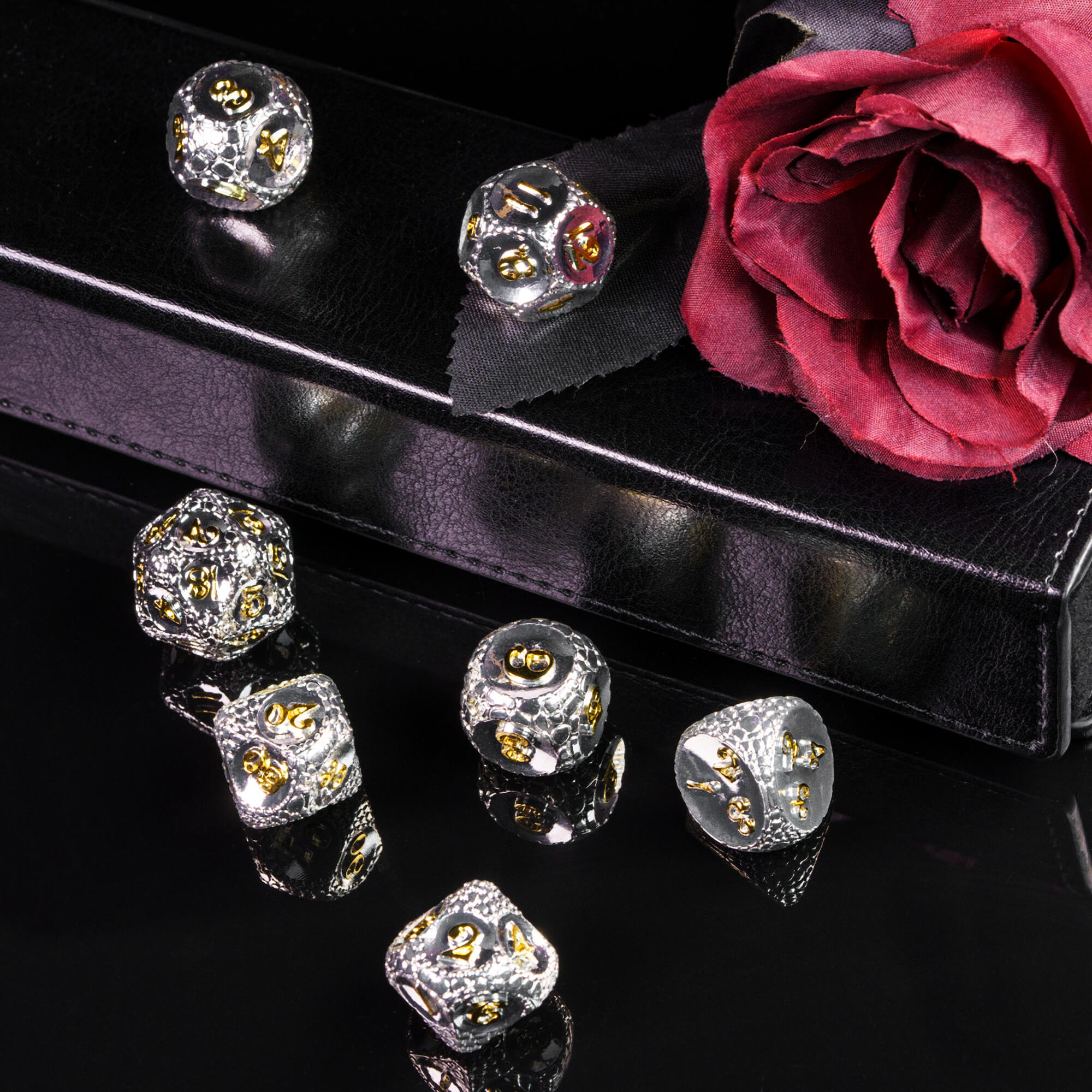 7 Polyhedral Stone Metal Dice Set DD Silver Gold - Dice of Dragons