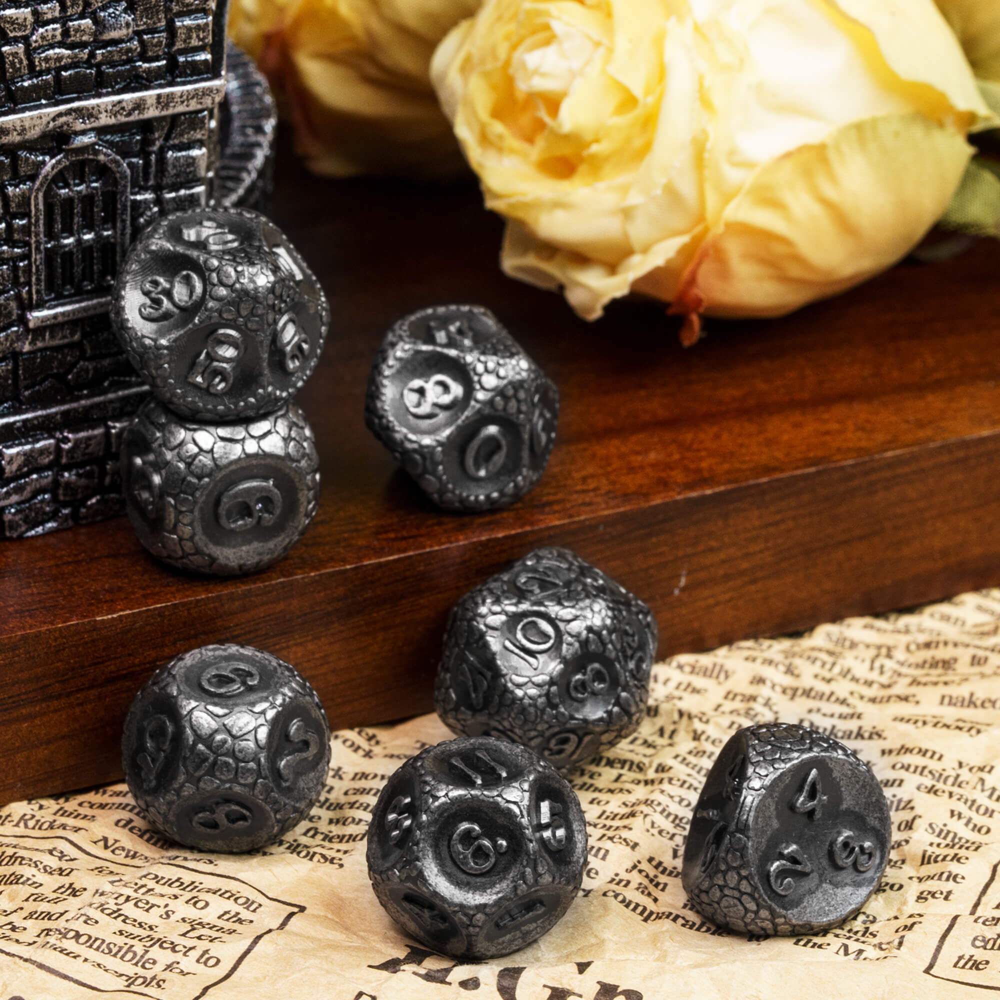 7 Polyhedral Stone Metal Dice Sets DnD Nickel - Dice of Dragons