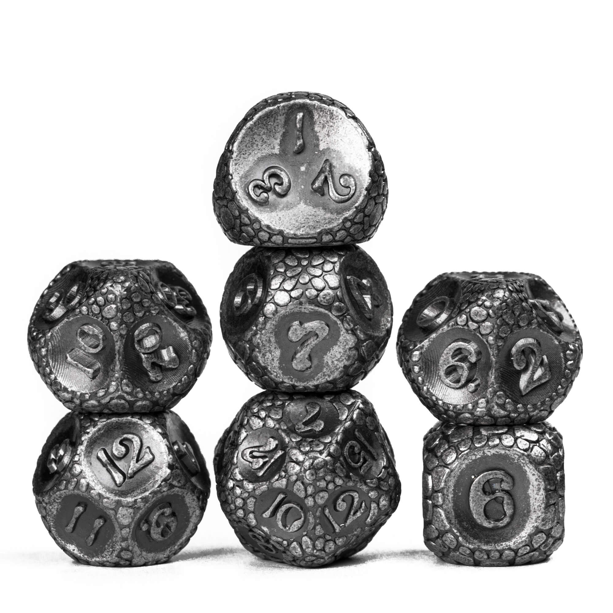 7 Polyhedral Stone Metal Dice Sets DnD Nickel - Dice of Dragons