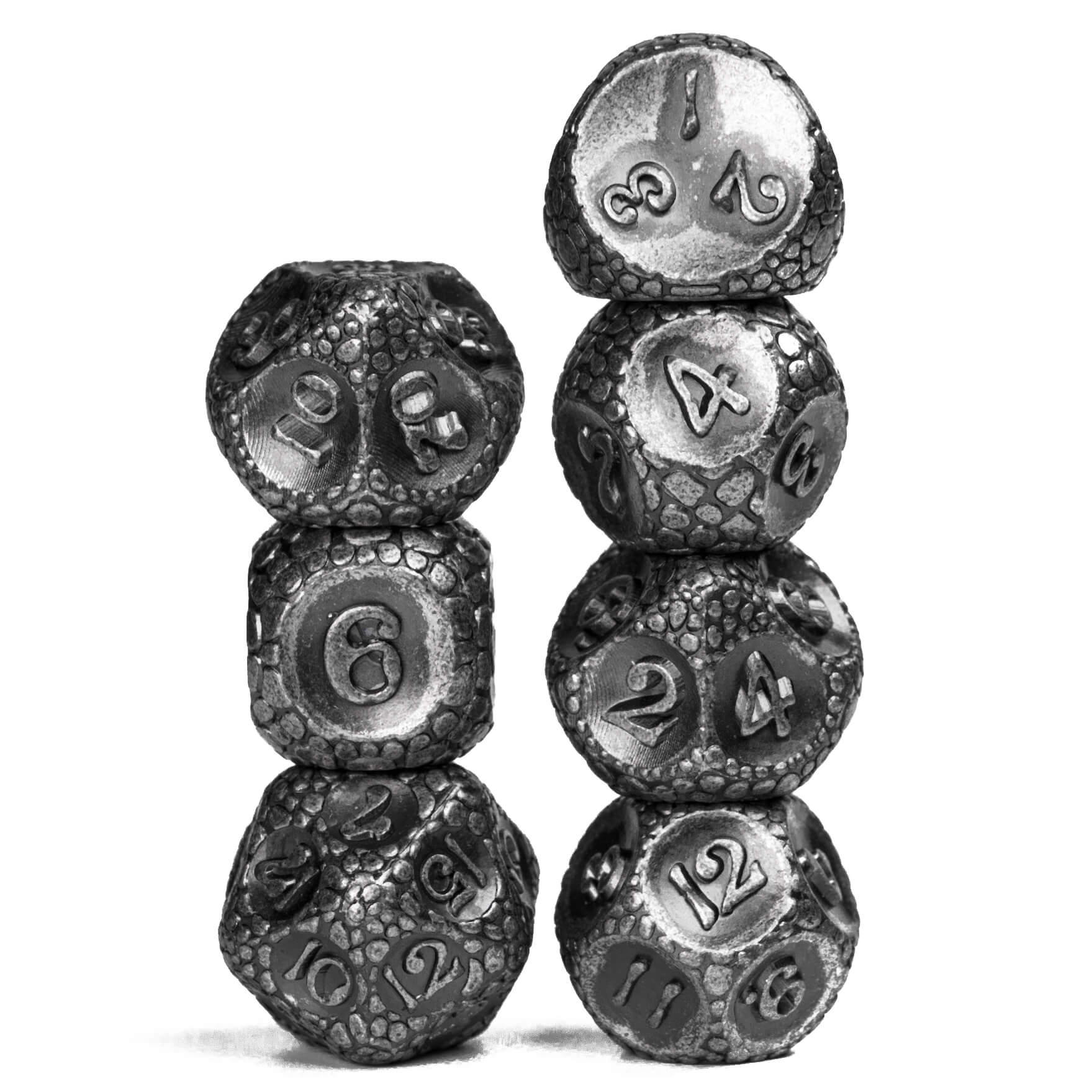 7 Polyhedral Stone Metal Dice Sets DnD Nickel - Dice of Dragons