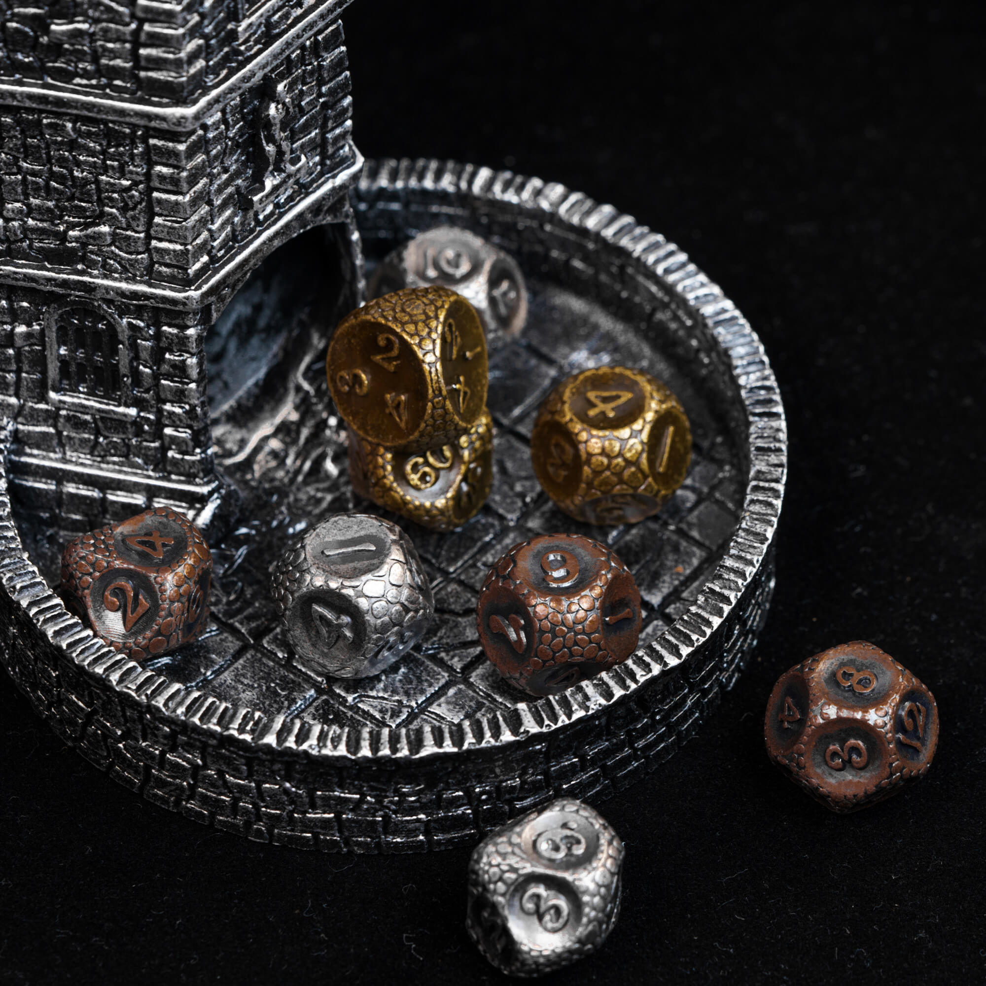 7 Polyhedral Stone Metal Dice Sets DnD Nickel - Dice of Dragons