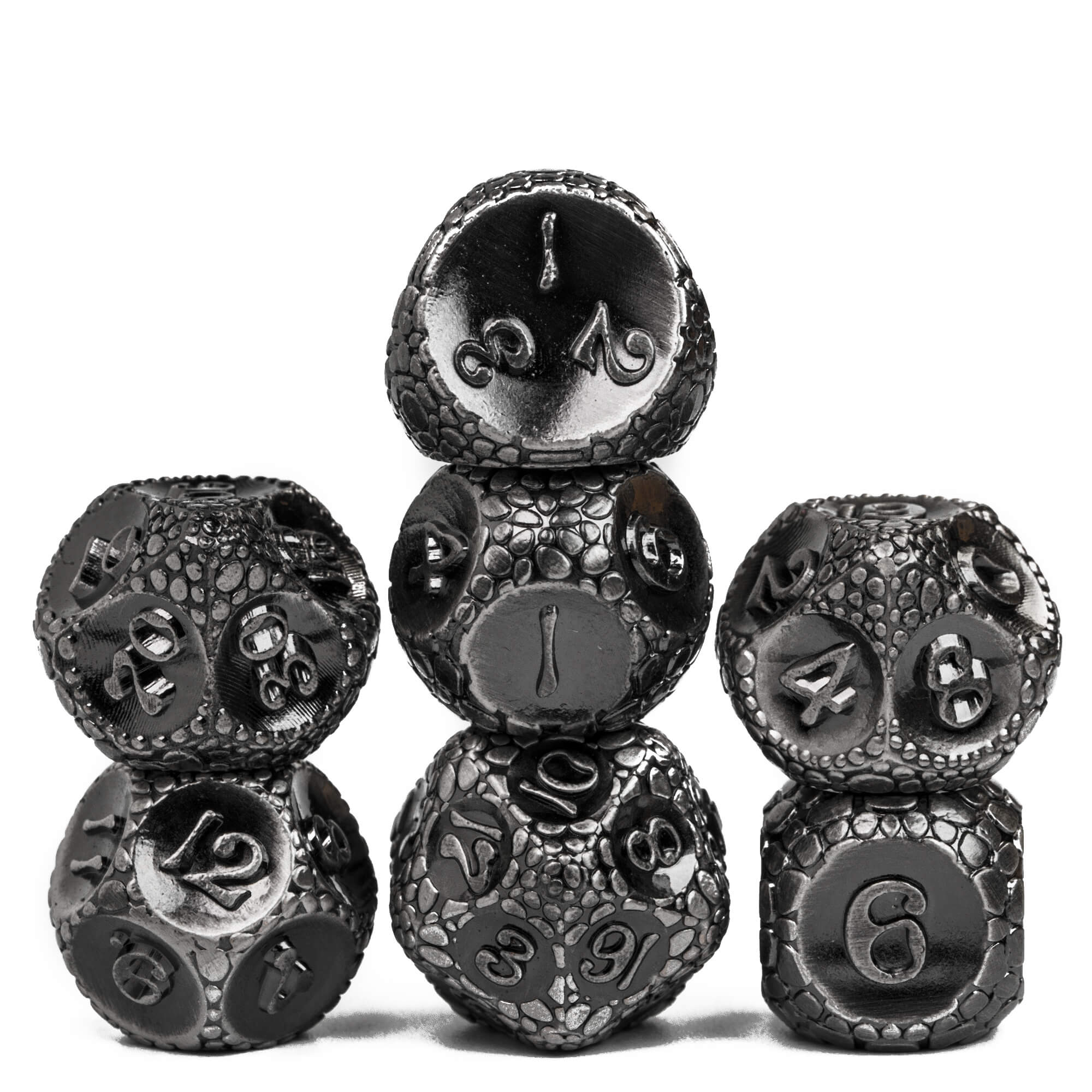 7 Polyhedral Stone Metal D&D Dice Set Nickel - Dice of Dragons