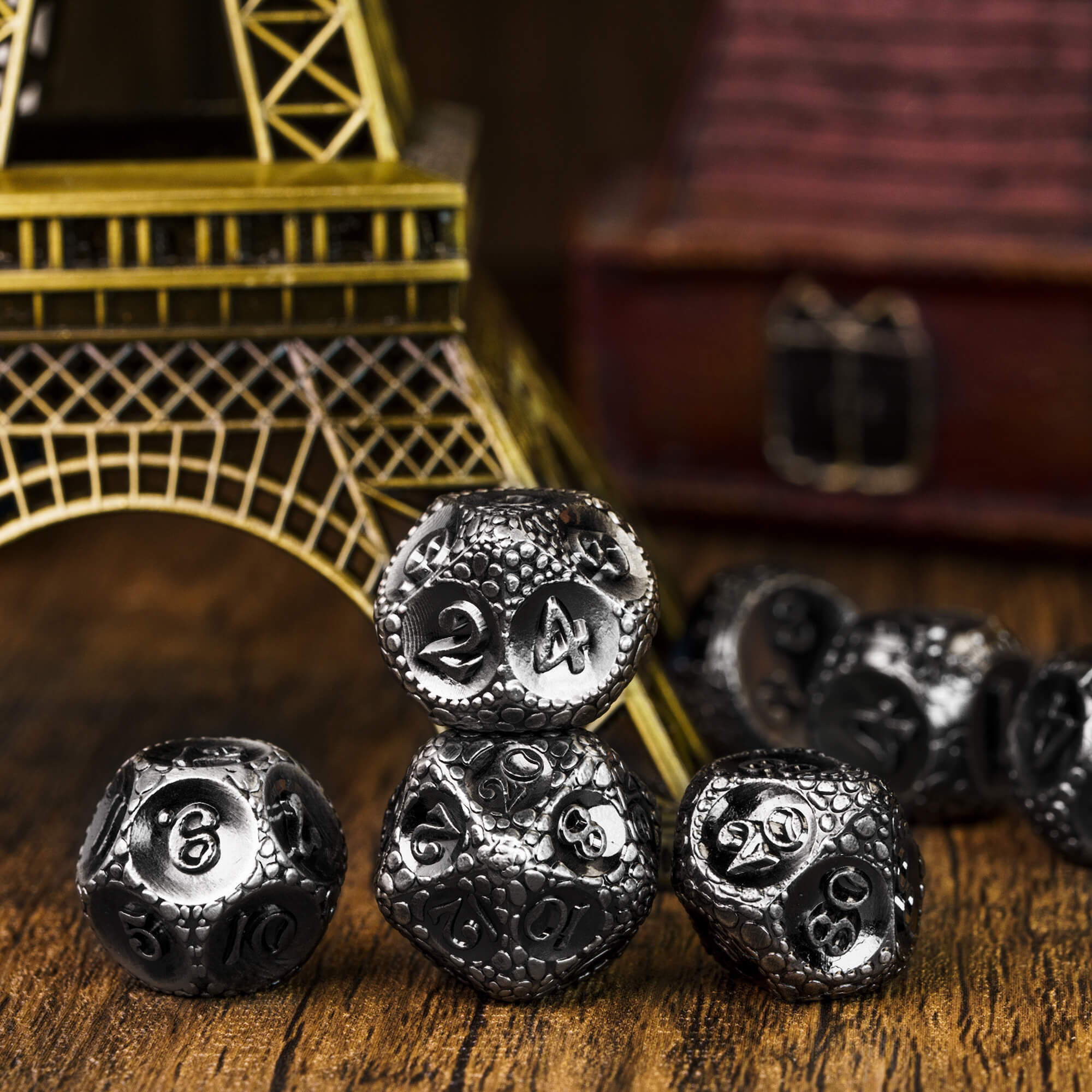 7 Polyhedral Stone Metal D&D Dice Set Nickel - Dice of Dragons