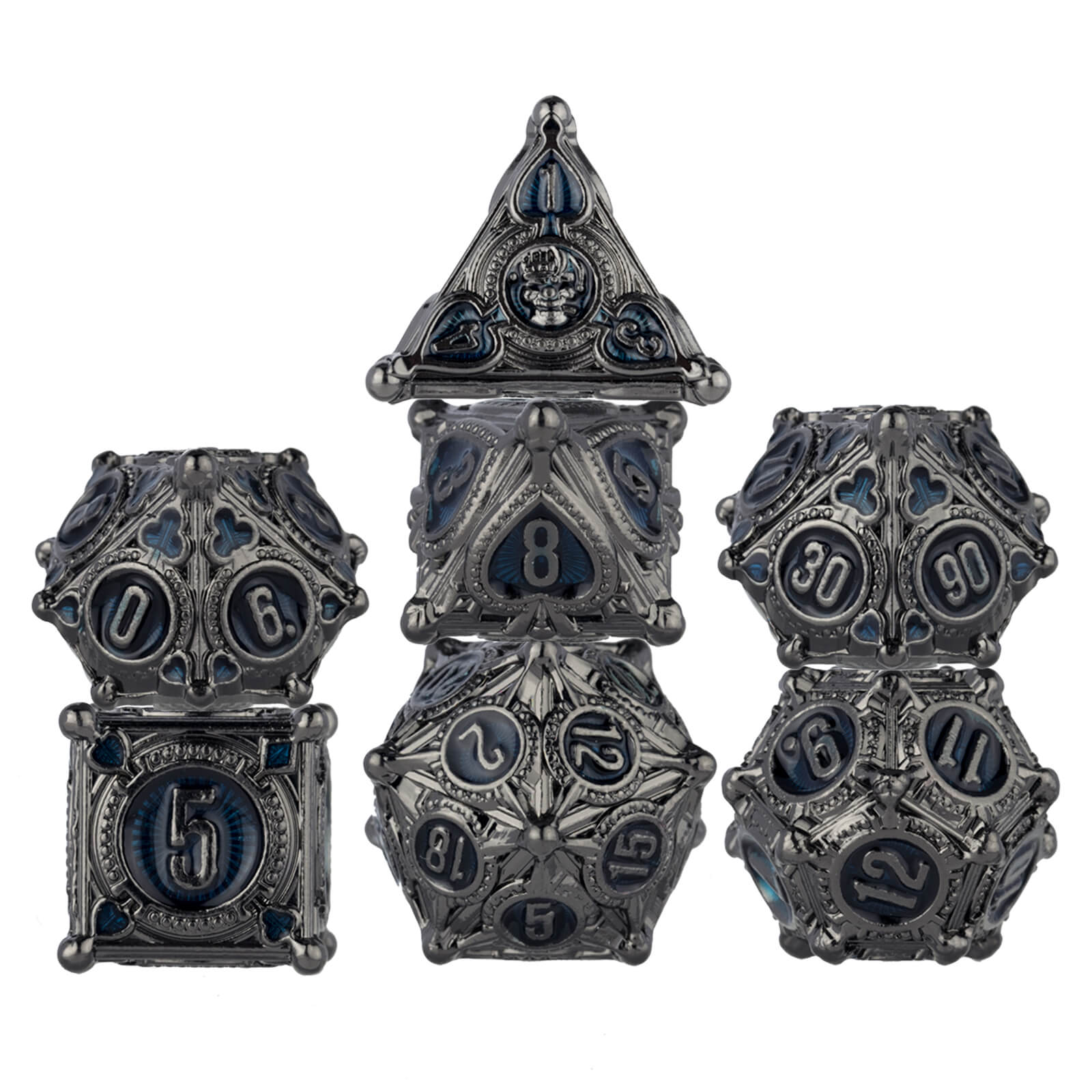 7 Polyhedral Wizard Metal Dice Set D and D - Black Nickel Blue - Dice of Dragons