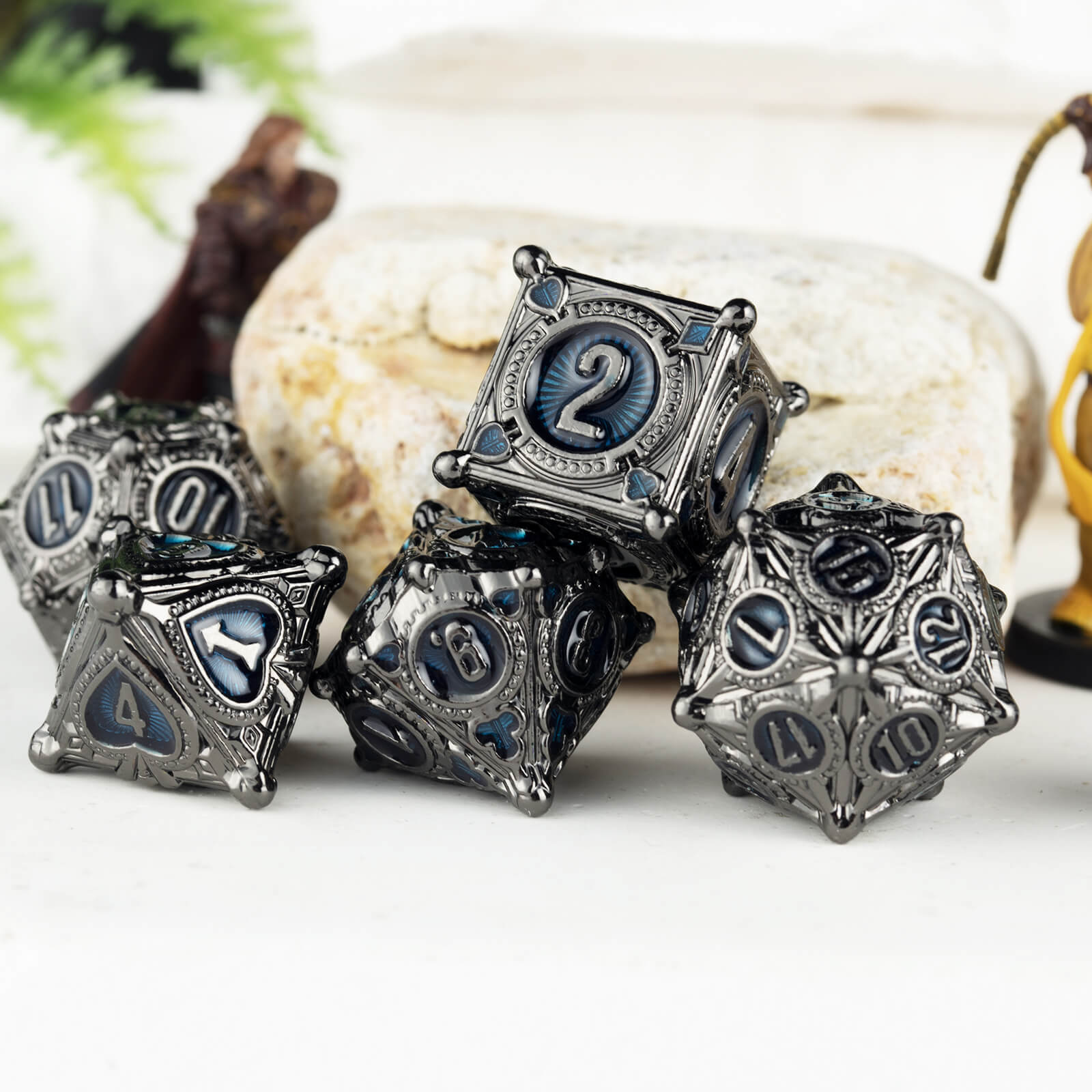 7 Polyhedral Wizard Metal Dice Set D and D - Black Nickel Blue - Dice of Dragons