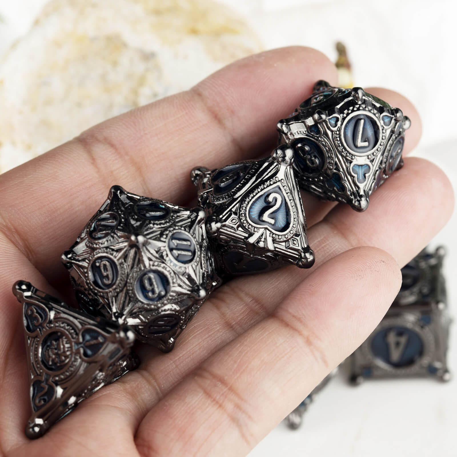 7 Polyhedral Wizard Metal Dice Set D and D - Black Nickel Blue - Dice of Dragons