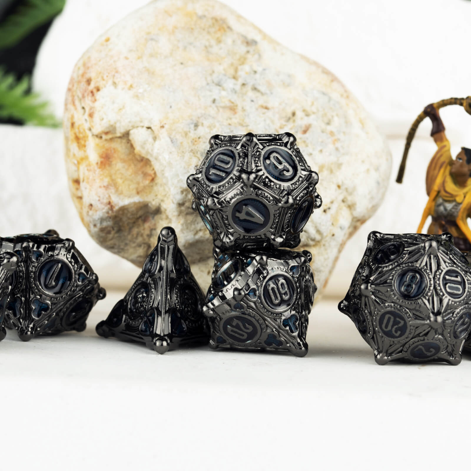 7 Polyhedral Wizard Metal Dice Set D and D - Black Nickel Blue - Dice of Dragons