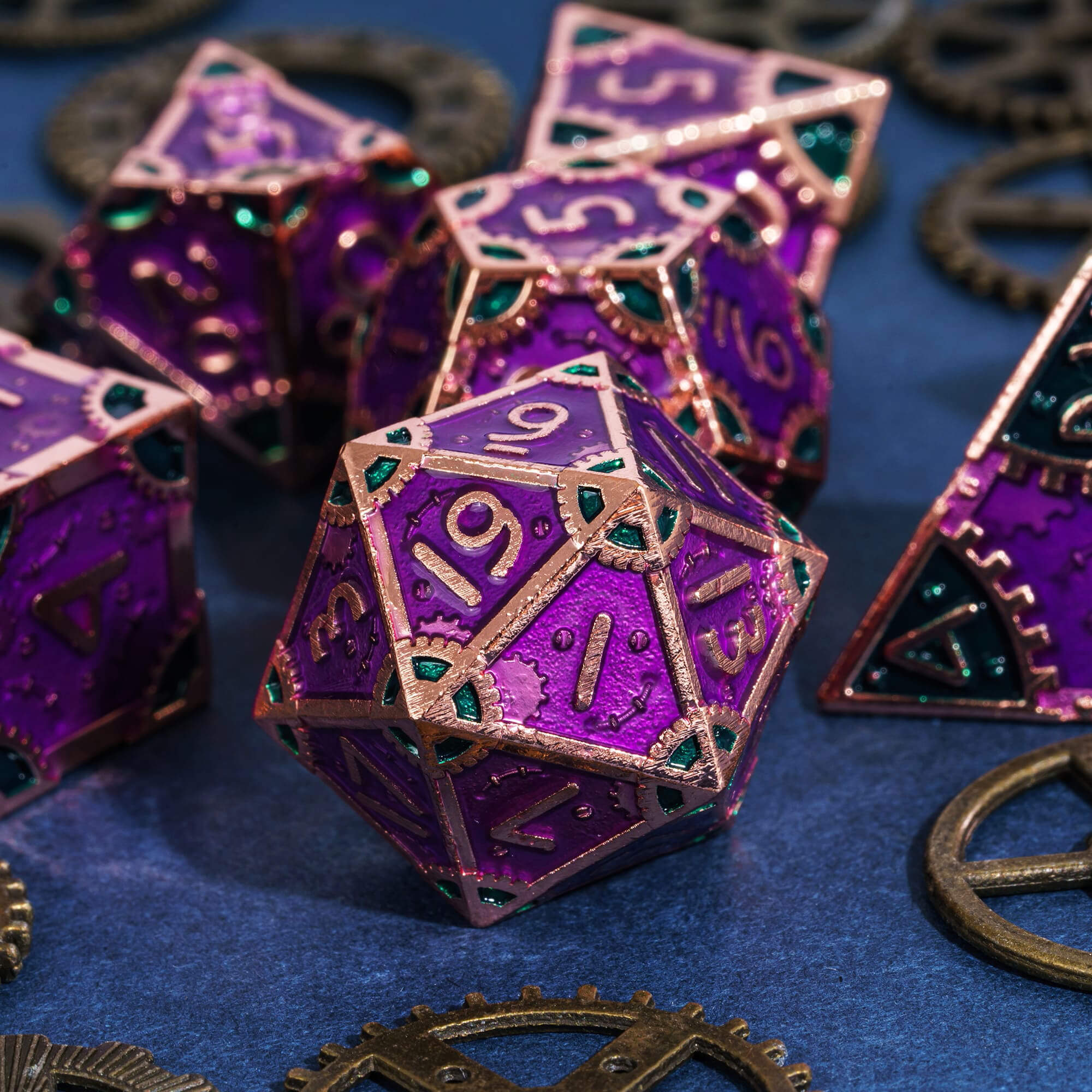 7 SteamPunk Polyhedral Metal DnD Dice Set Purple Green - Dice of Dragons