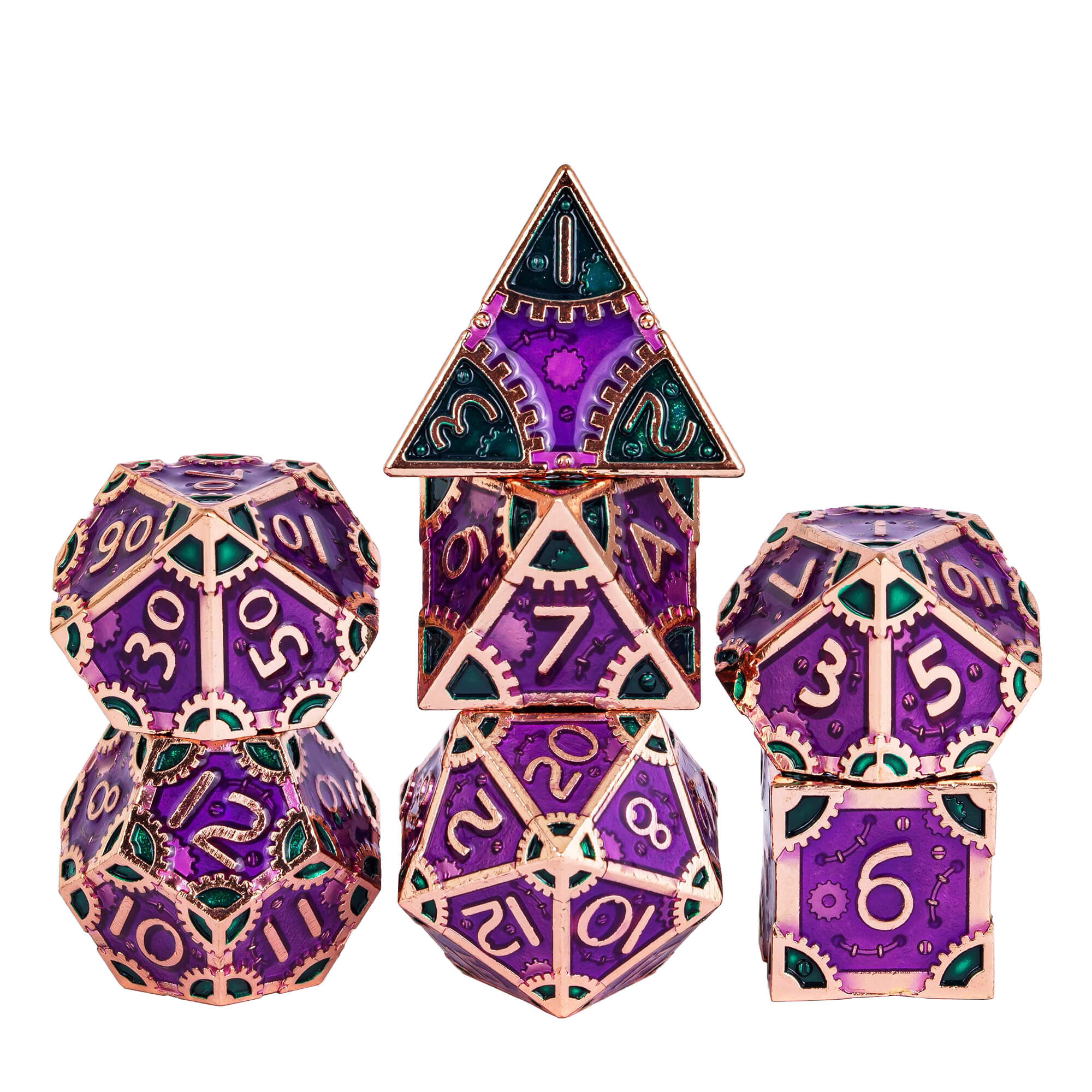 7 SteamPunk Polyhedral Metal DnD Dice Set Purple Green - Dice of Dragons