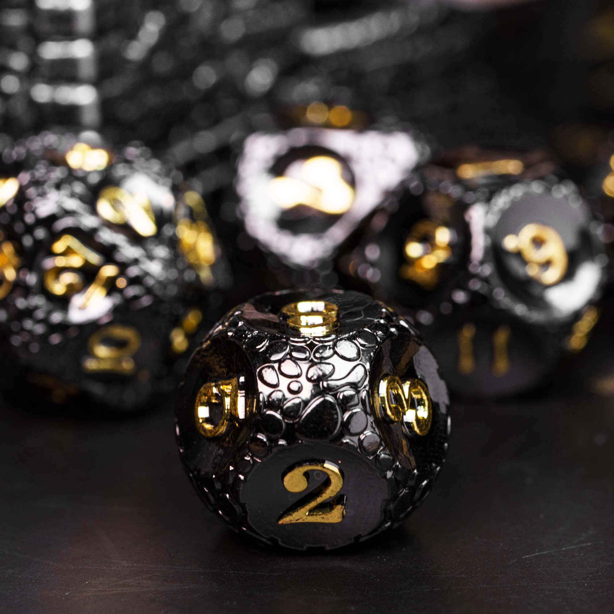 7 Stone Polyhedral Metal D&D Dice Sets Black Gold - Dice of Dragons