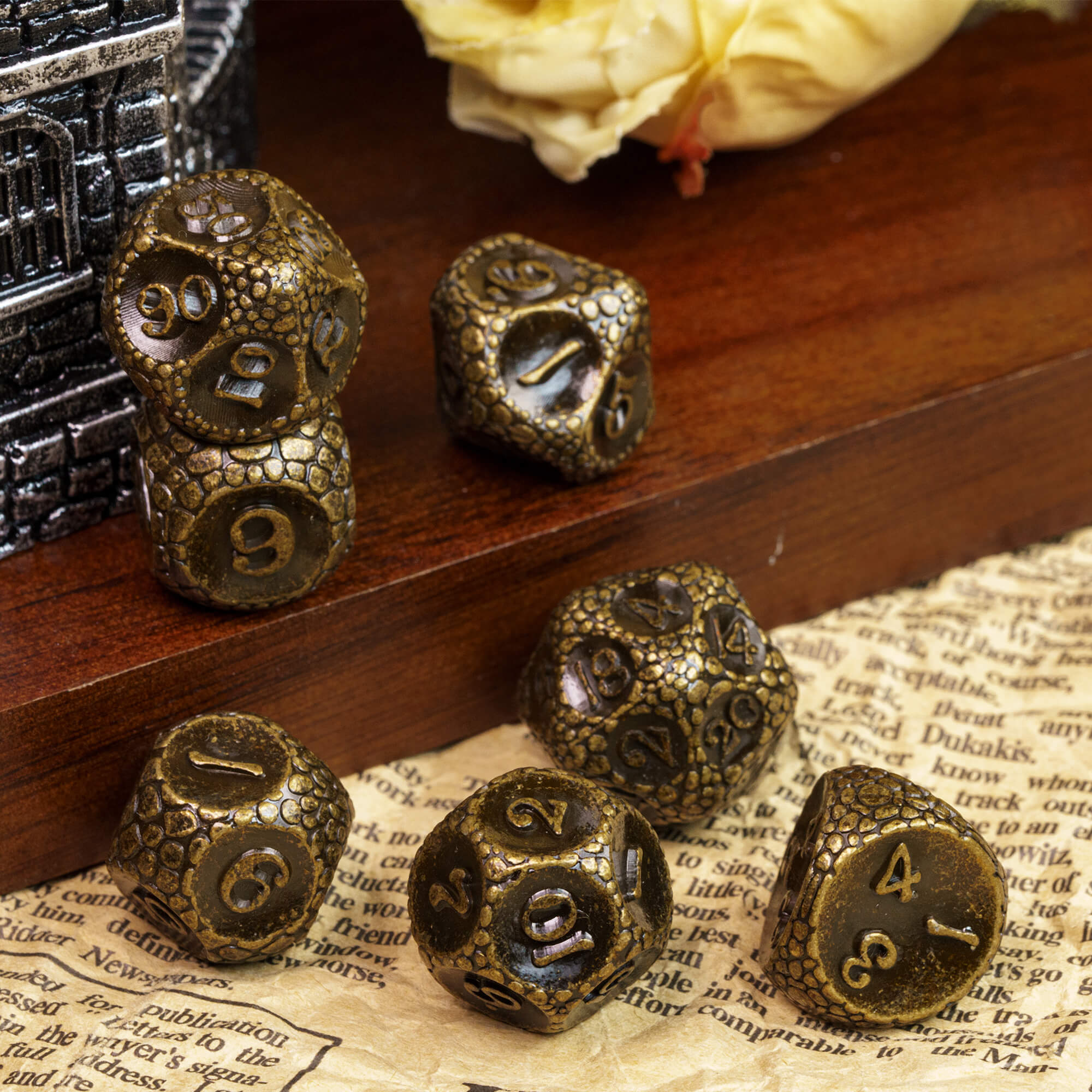 7 Stone Polyhedral Metal DnD Dice Set Bronze - Dice of Dragons