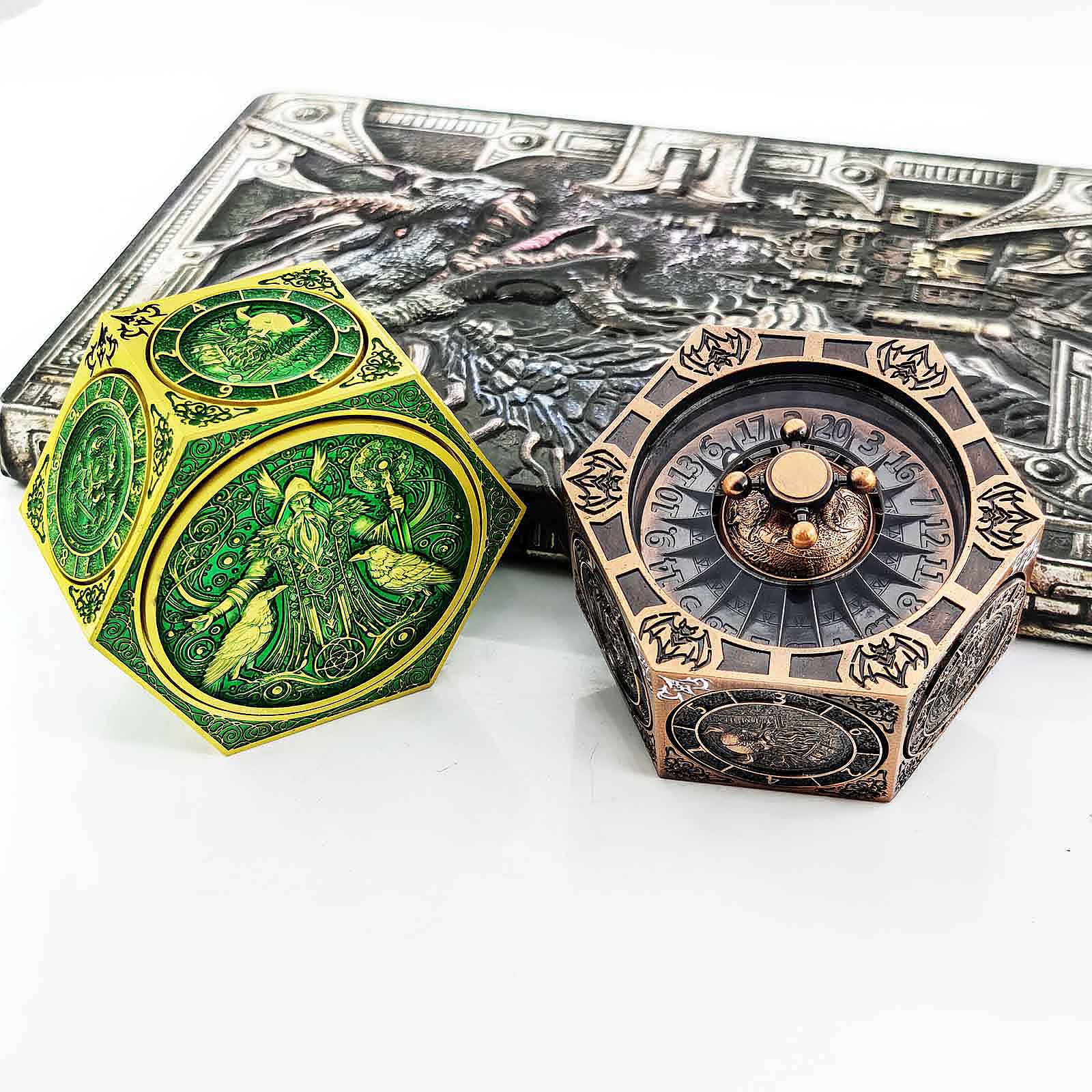 7 in 1 Odin and the Raven Bat Cthulhu Dragon Metal DnD Roulette Wheel Dice 8-sided - Dice of Dragons