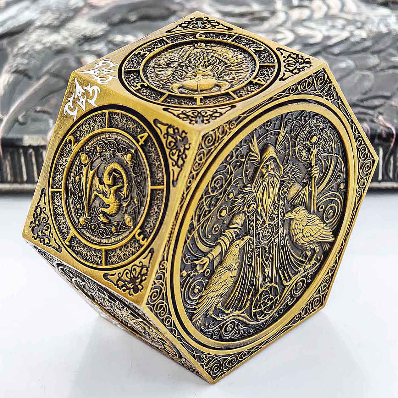 7 in 1 Odin and the Raven Bat Cthulhu Dragon Metal DnD Roulette Wheel Dice 8-sided - Dice of Dragons