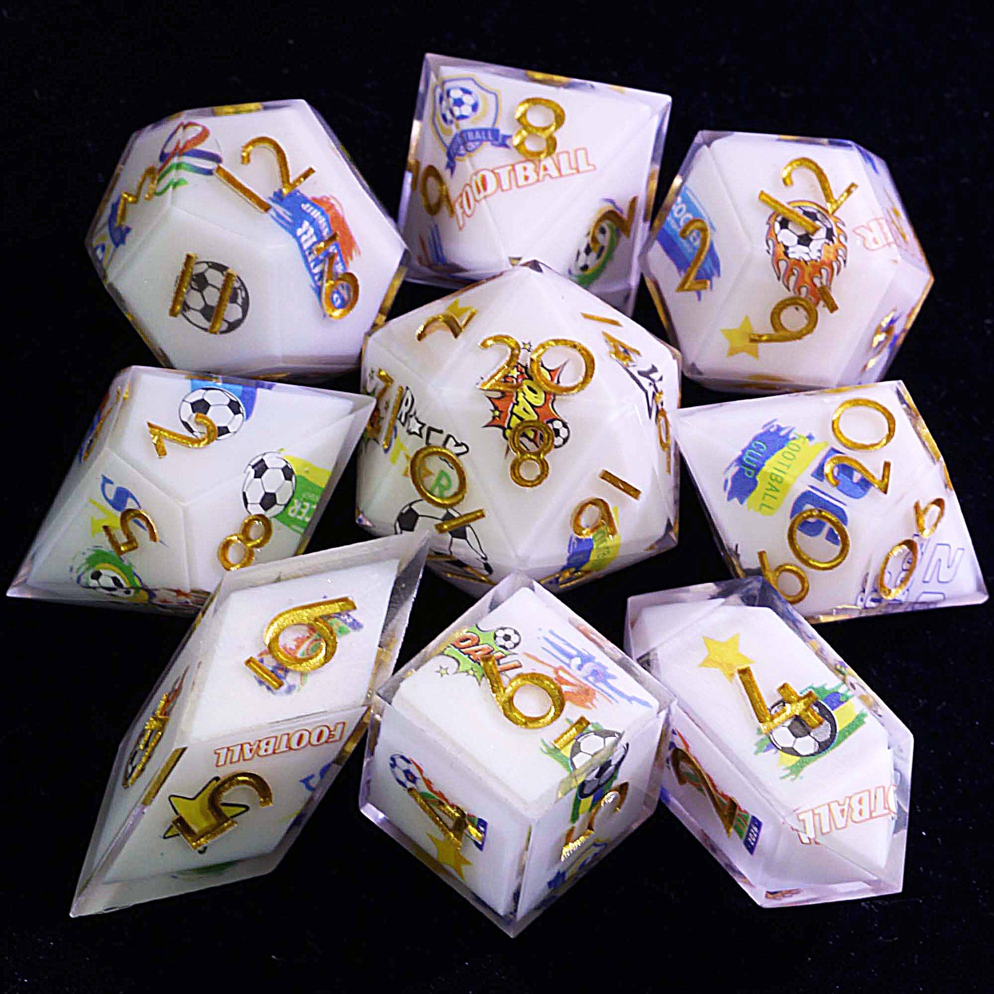 9 Football Set of DnD Dice Soccer Black White Panel - Dice of Dragons