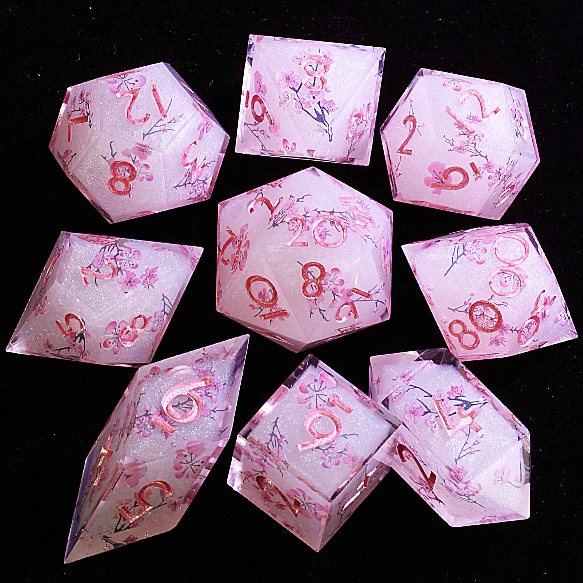 9 Polyhedral Resin D and D Dice Set Blossom Veil Petal