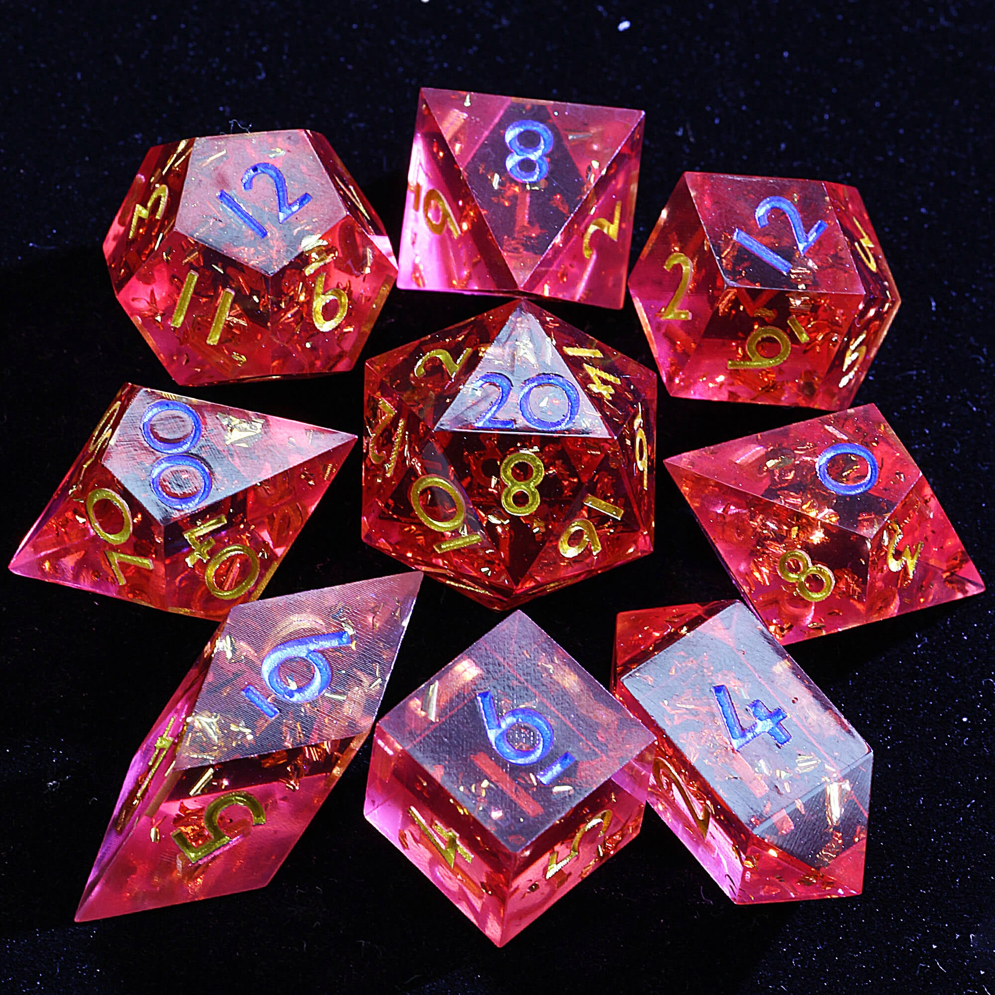 9 Polyhedral Resin DD Sets of Dice Crimson Amber Dust - Dice of Dragons
