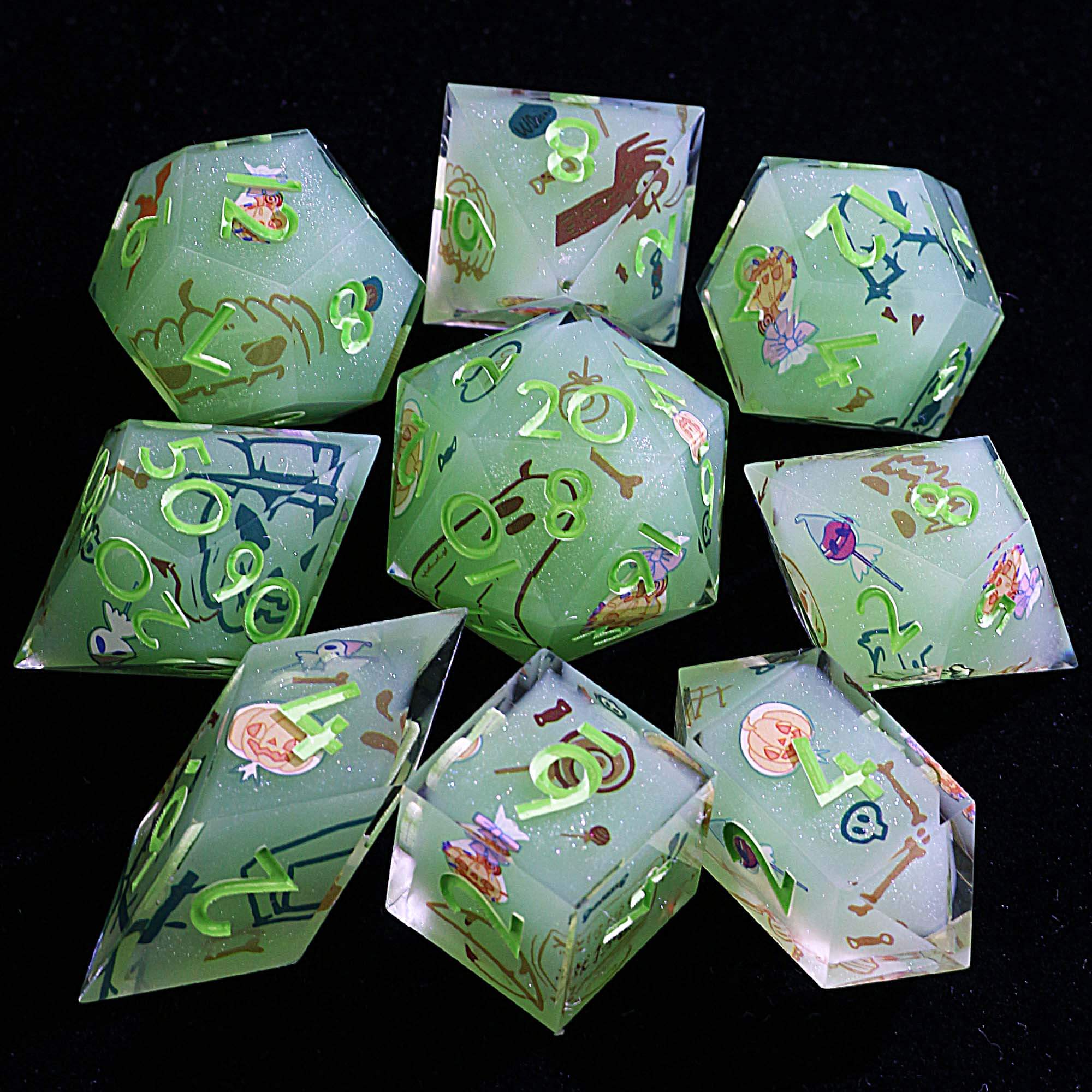 9 Polyhedral Resin DD Sets of Dice Cute Green Halloween Candy
