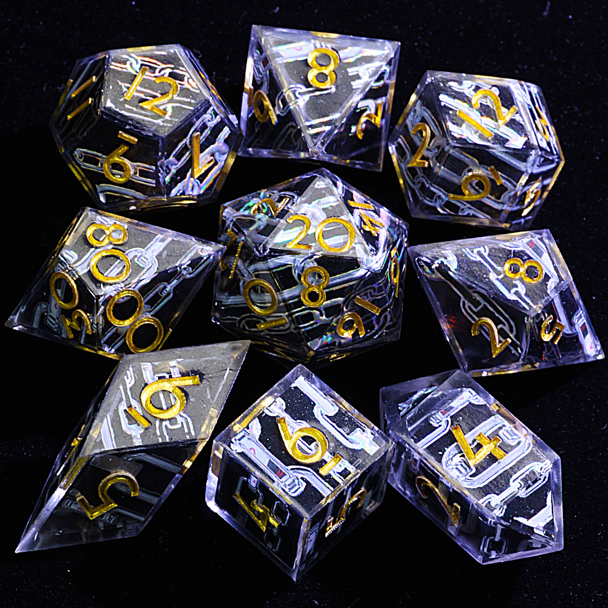 9 Polyhedral Resin Dice D and D Sets Laser Chain - Dice of Dragons