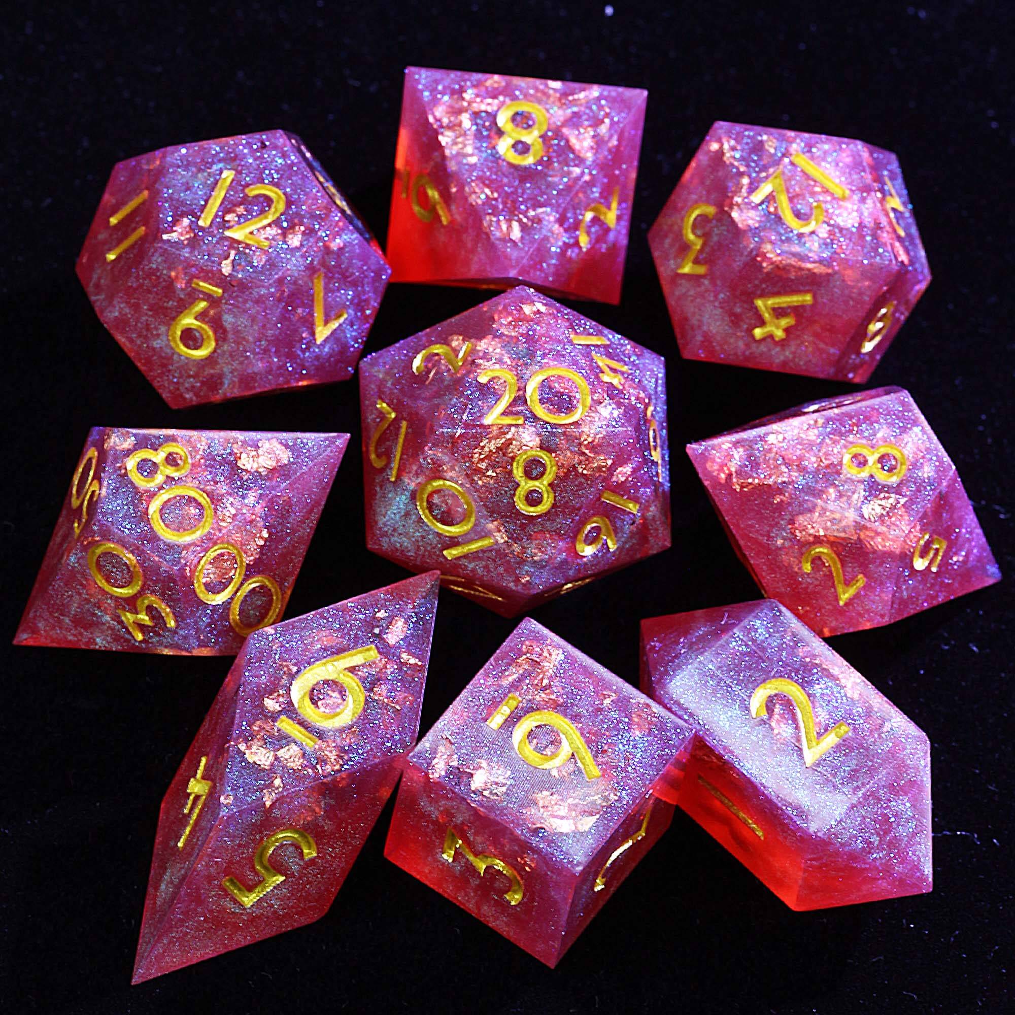 9 Polyhedral Resin Dice DD Sets Red Holographic with Gold Flake - Dice of Dragons