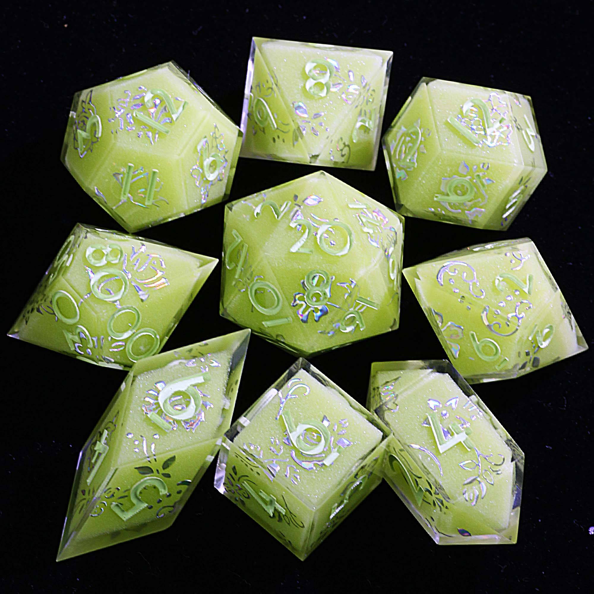 9 Polyhedral Resin Dice DD Sets Verdant Silverbloom - Dice of Dragons