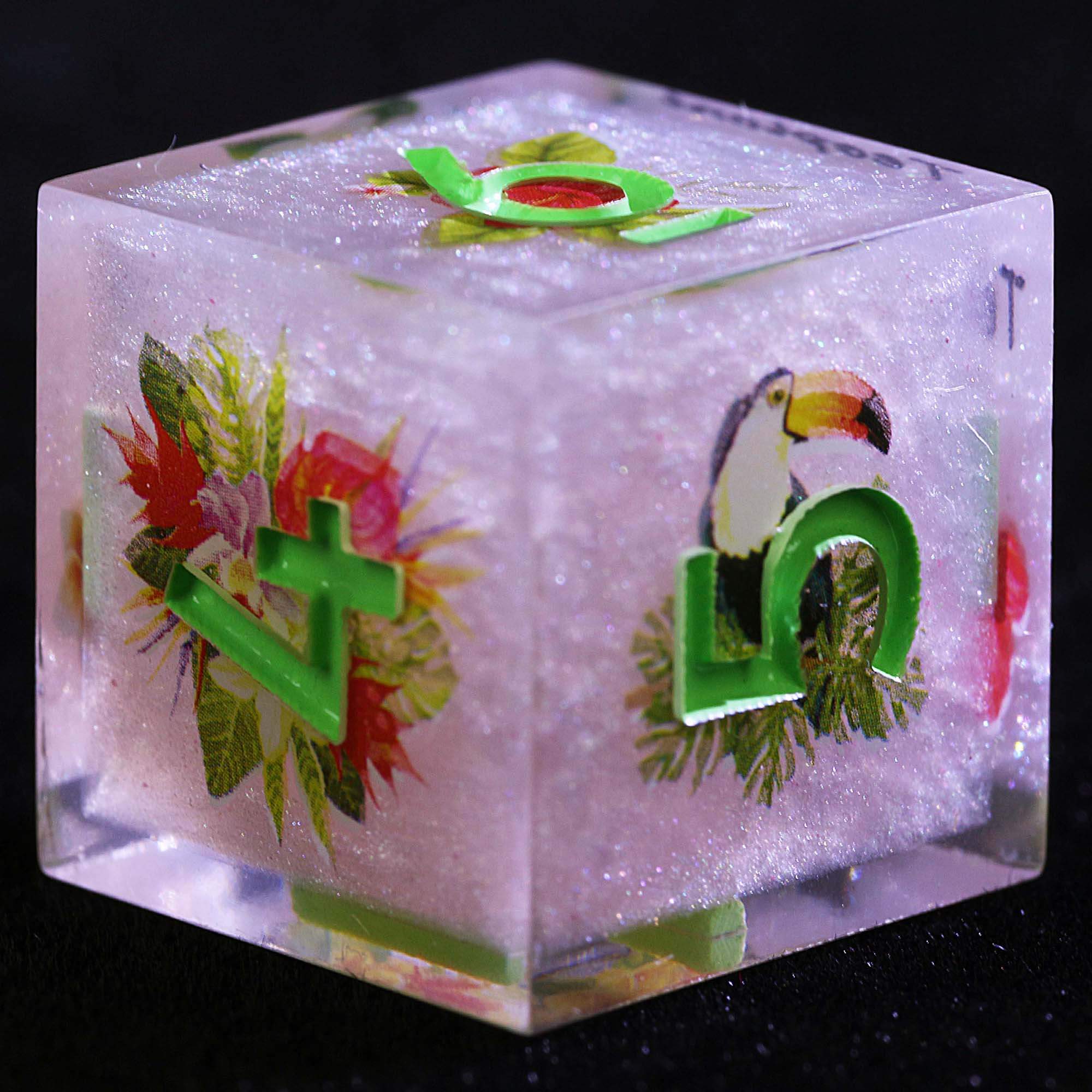 9 Polyhedral Resin Dice D&D Sets Pink Sparkly Toucan & Flower - Dice of Dragons