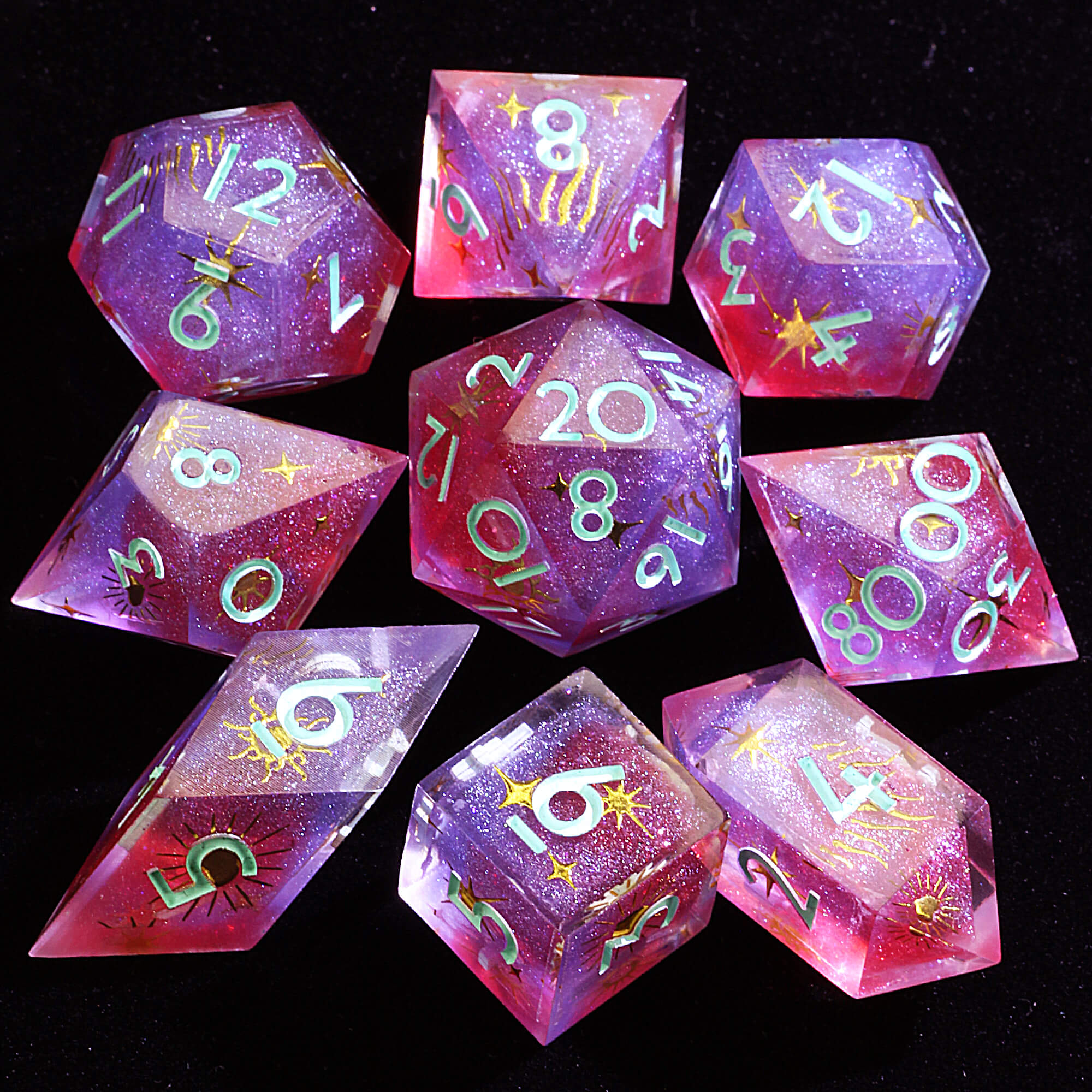 9 Polyhedral Resin Dice DnD Sets Crimson Violet Starlight - Dice of Dragons