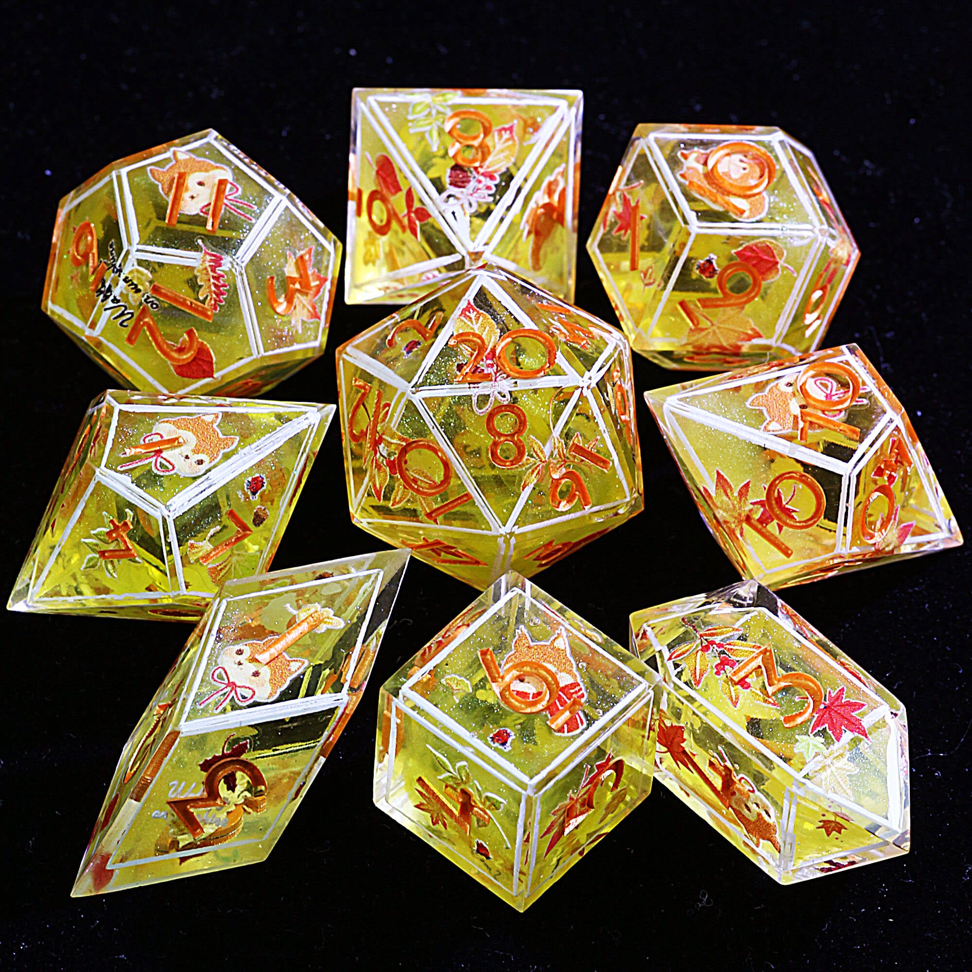 9 Polyhedral Resin Dice Sets D and D Amber Squirrel Cache - Dice of Dragons