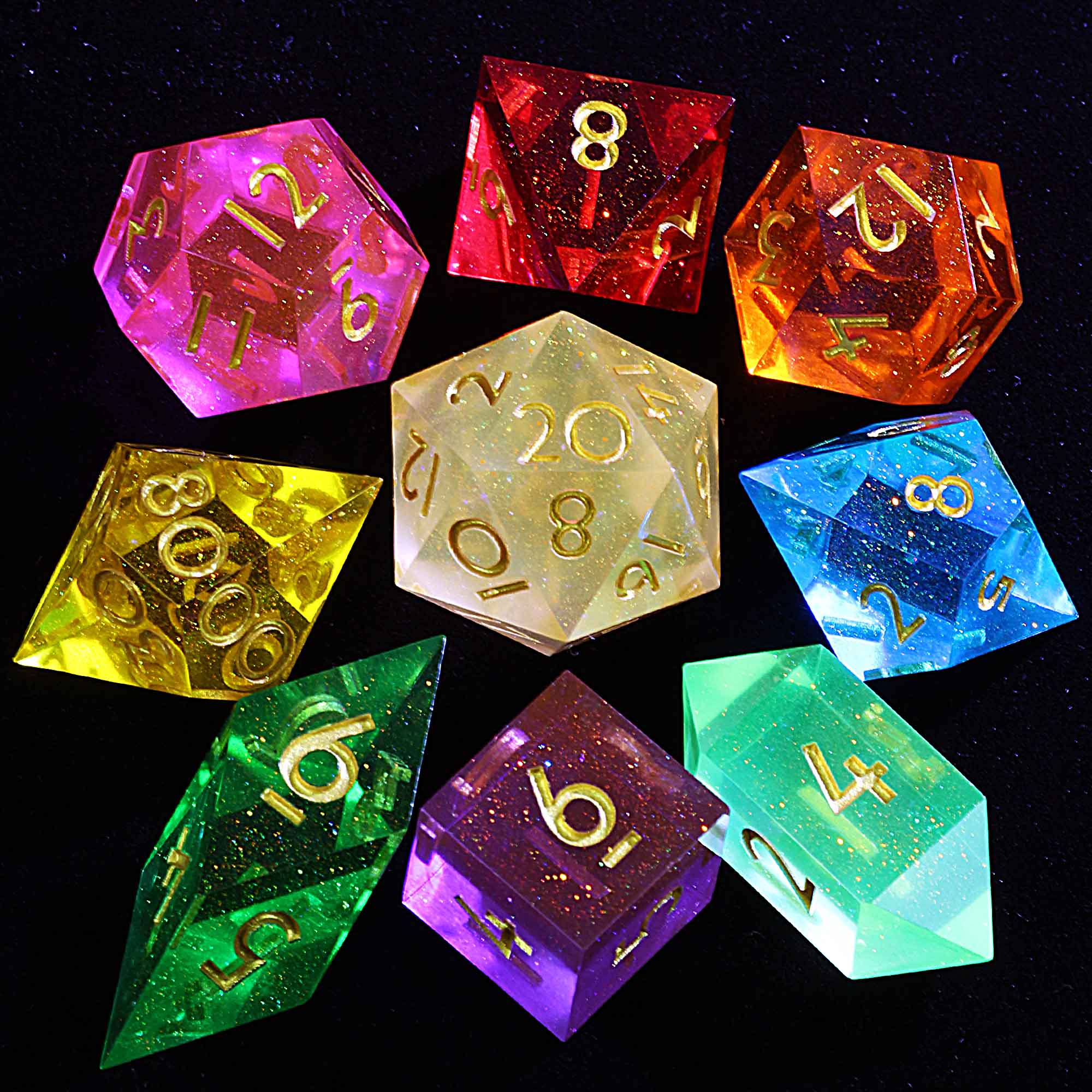 9 Polyhedral Resin Dice Sets D and D Prisma Shift Mirage