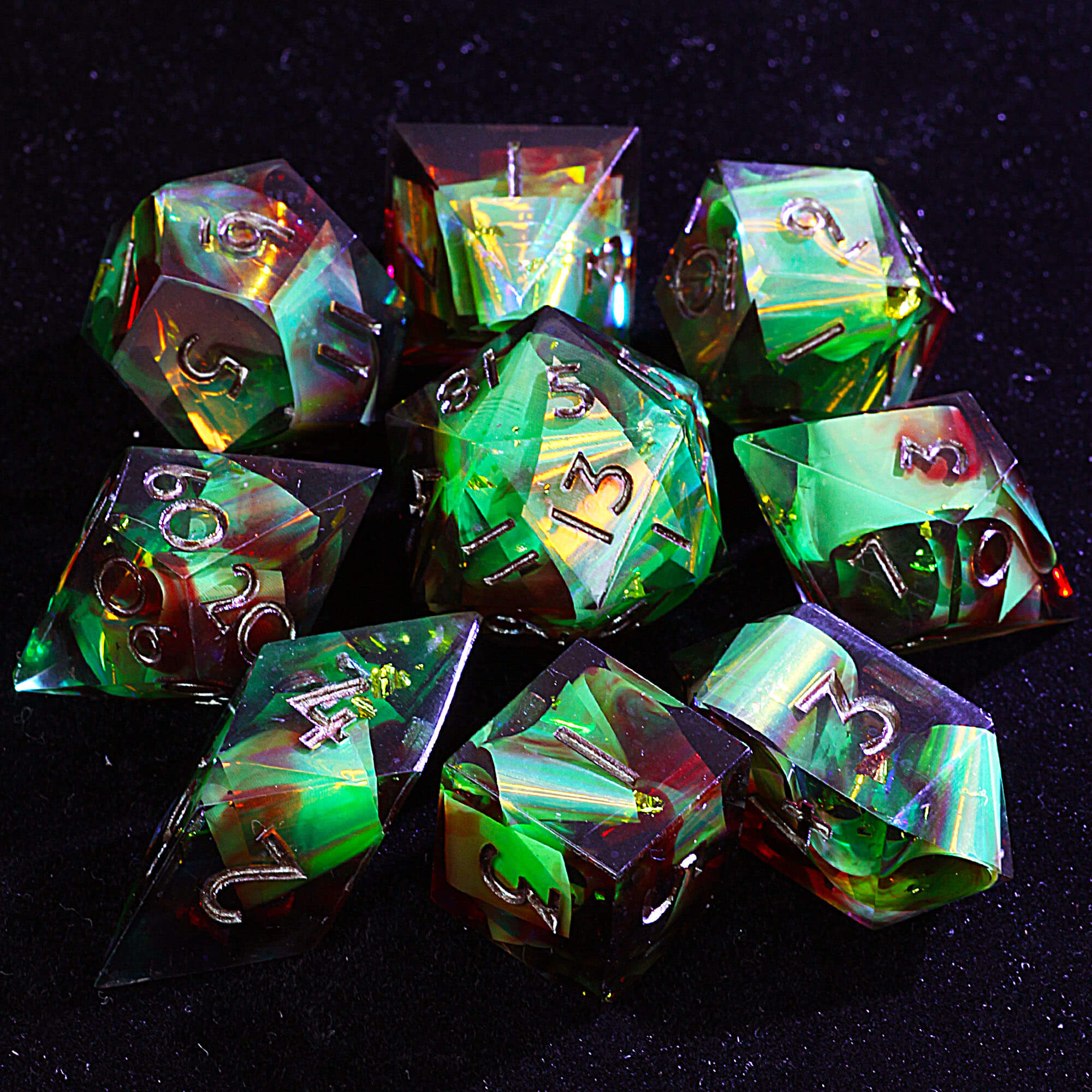 9 Polyhedral Resin Dice Sets D&D Trinity Holographic Scorch - Dice of Dragons