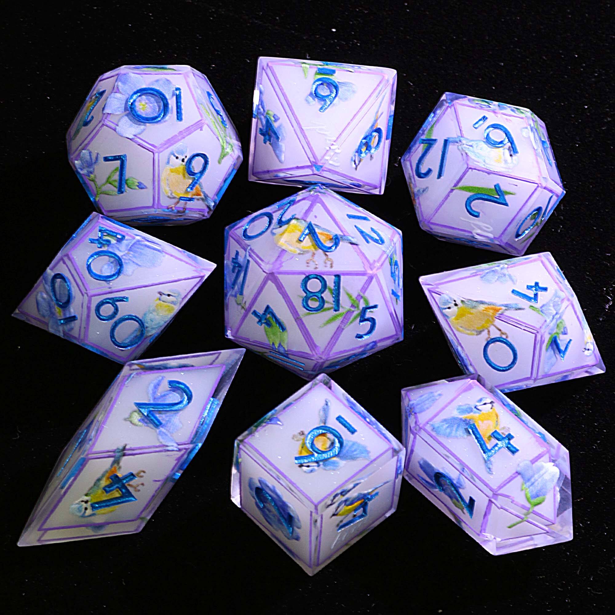 9 Polyhedral Resin D&D Dice Set Fairy Warbler’s Rune - Dice of Dragons