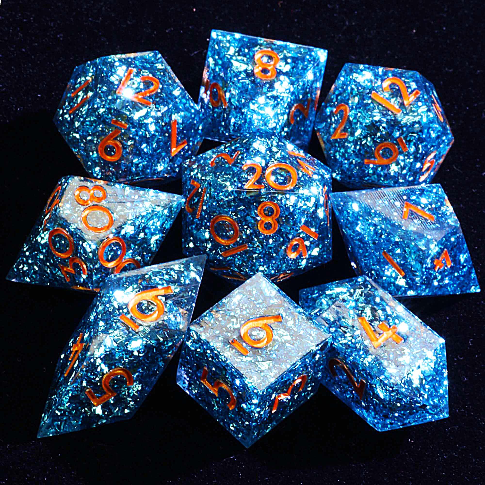9 Polyhedral Resin DnD Set Dice Sky Blue Foil