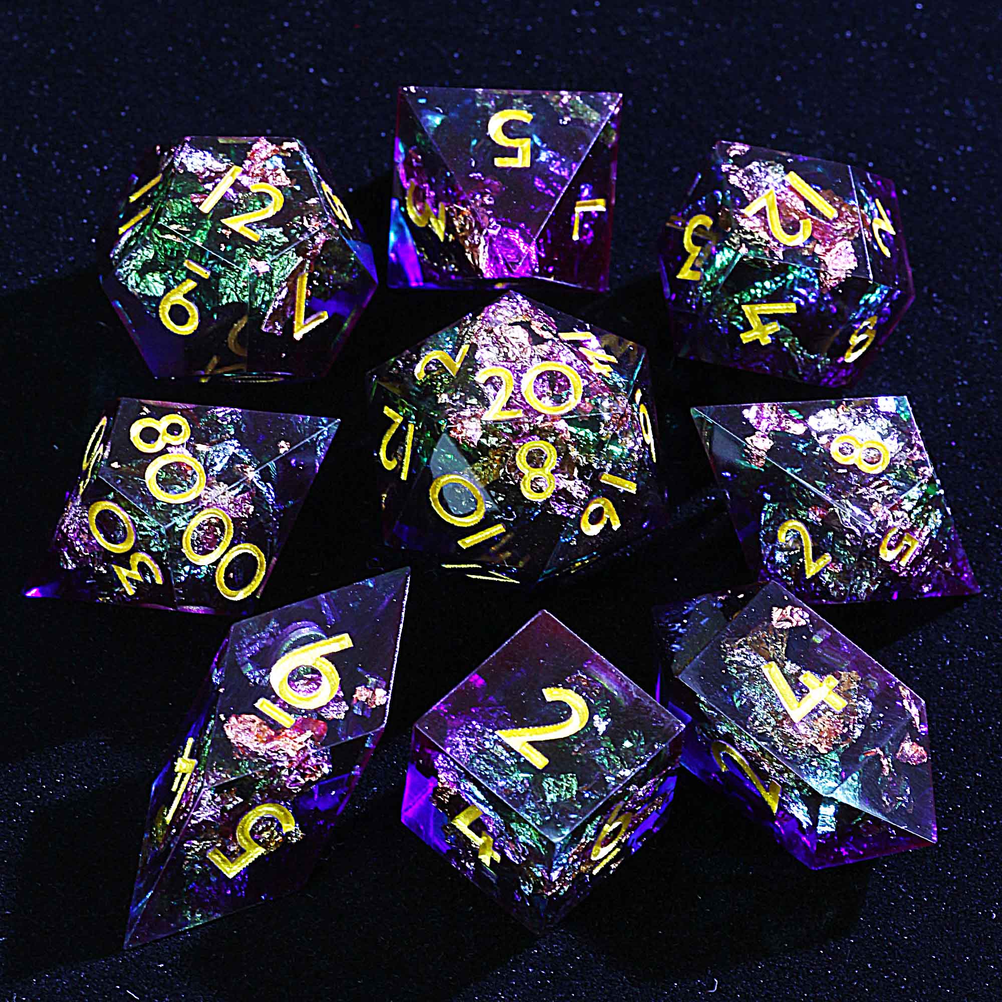 9 Polyhedral Resin DnD Set Dice Trinity Foil Mirage - Dice of Dragons