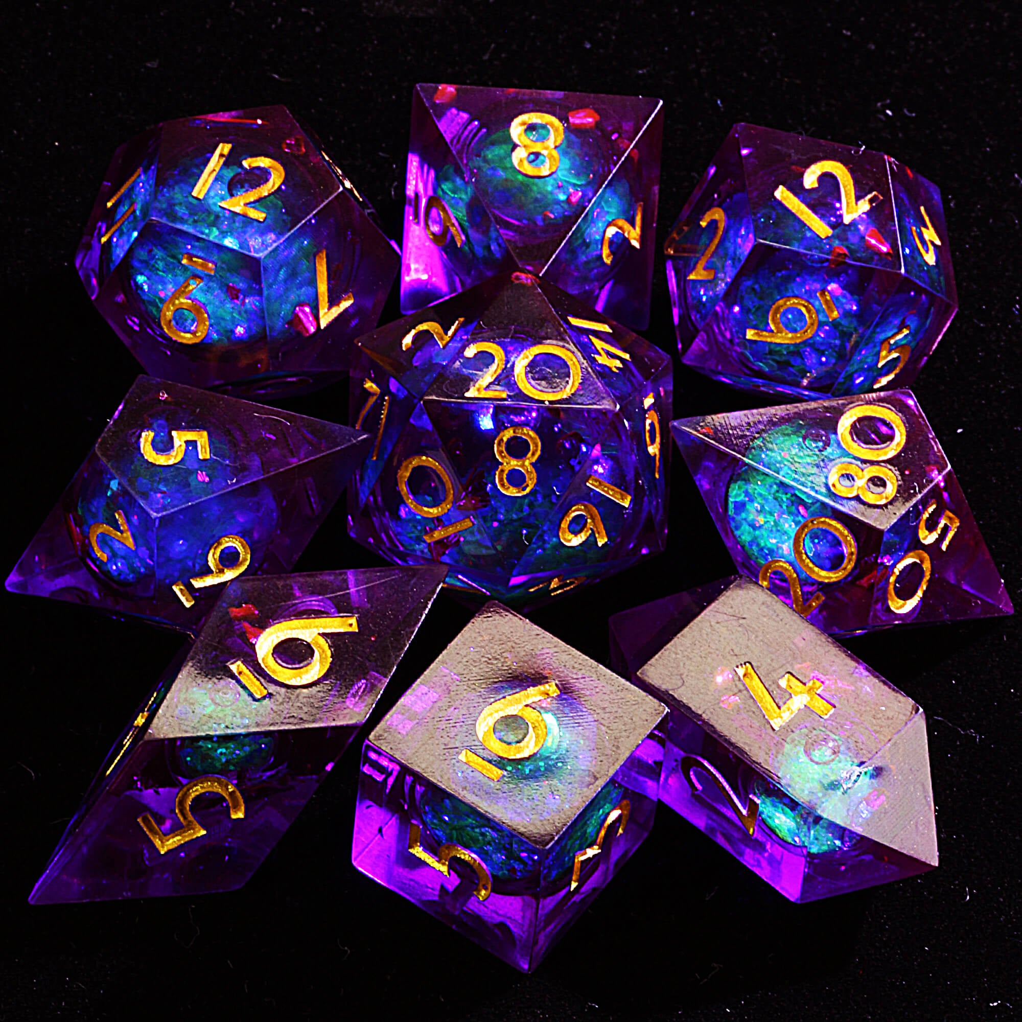 9 Polyhedral Resin Liquid Core DD Dice Sets Arcane Nebula