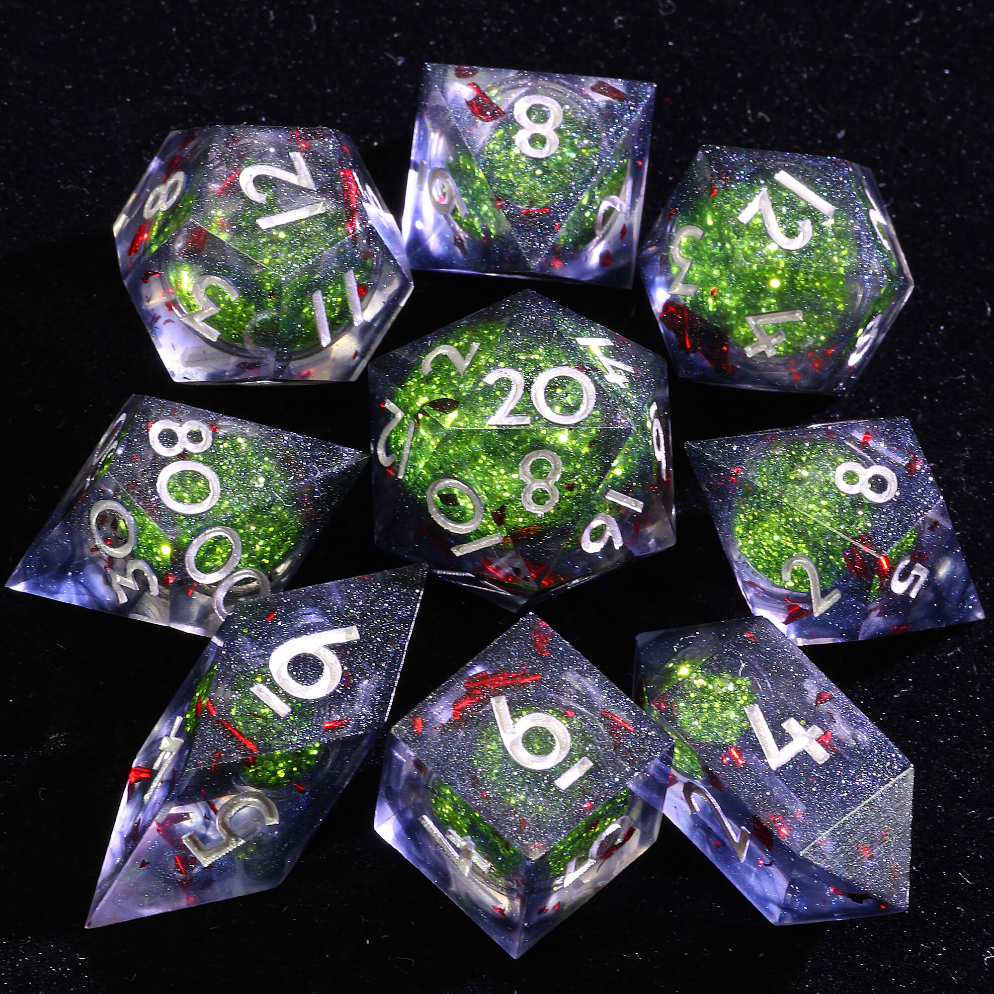 9 Polyhedral Resin Liquid Core Dice D and D Set Viridian Abyss Blood Tide - Dice of Dragons