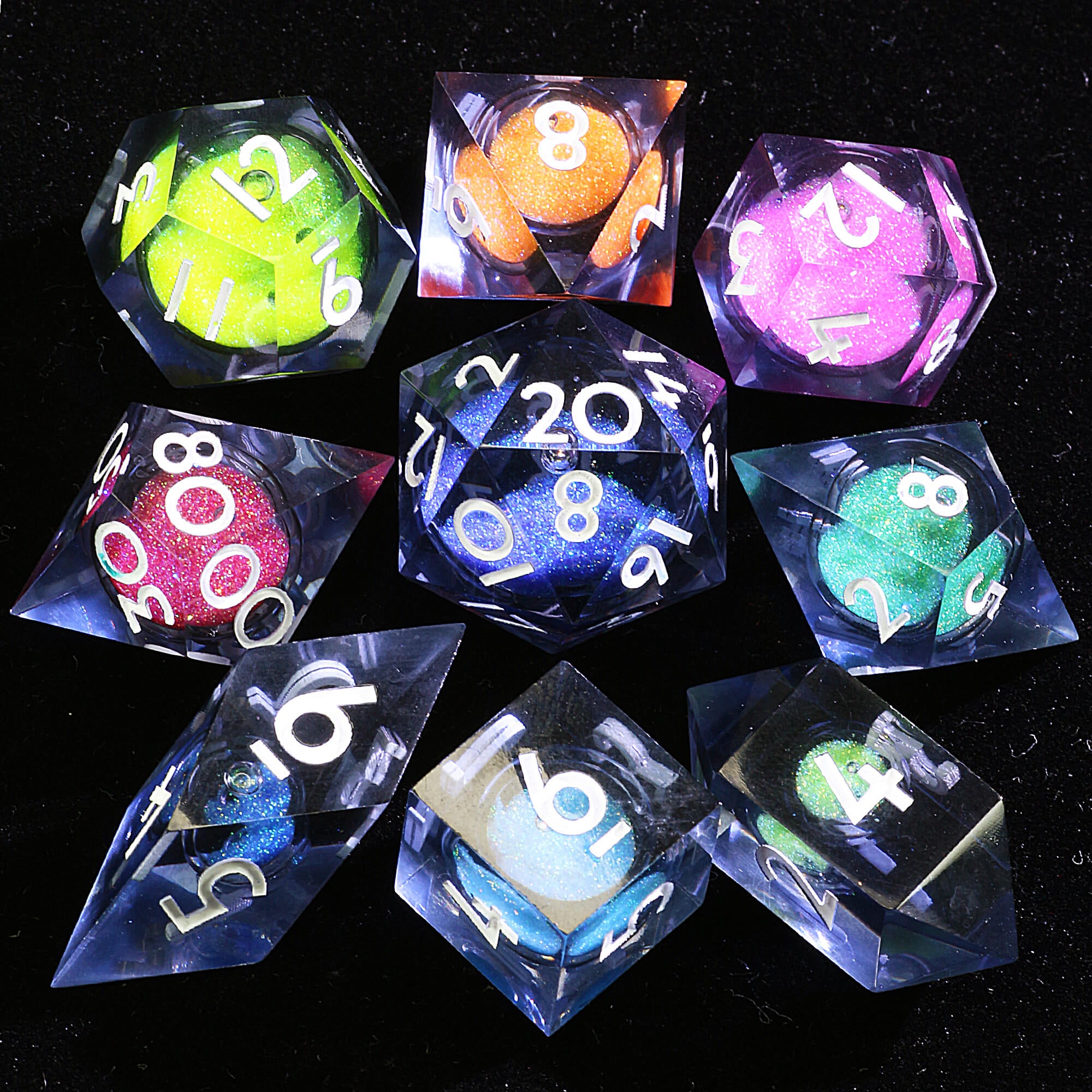9 Polyhedral Resin Liquid Core Dice DD Set Rainbow Core Magma - Dice of Dragons