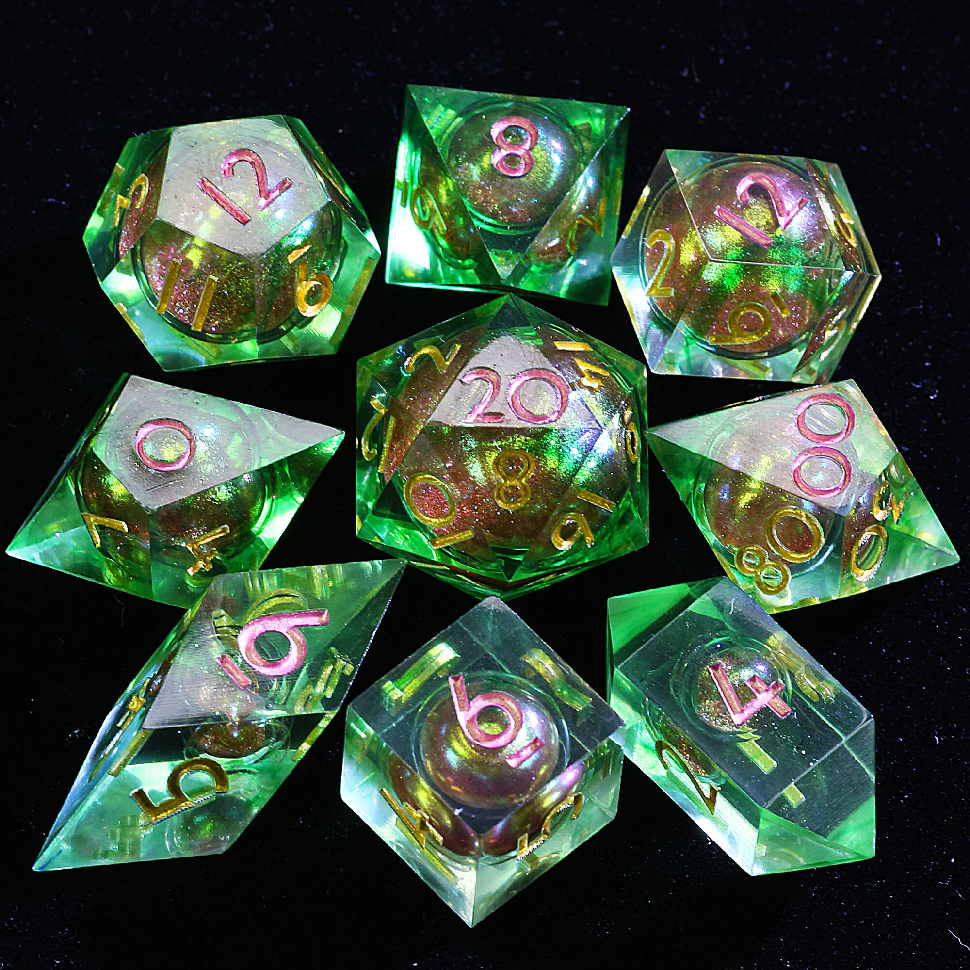 9 Polyhedral Resin Liquid Core DnD Sets of Dice Amber Violet Tide - Dice of Dragons